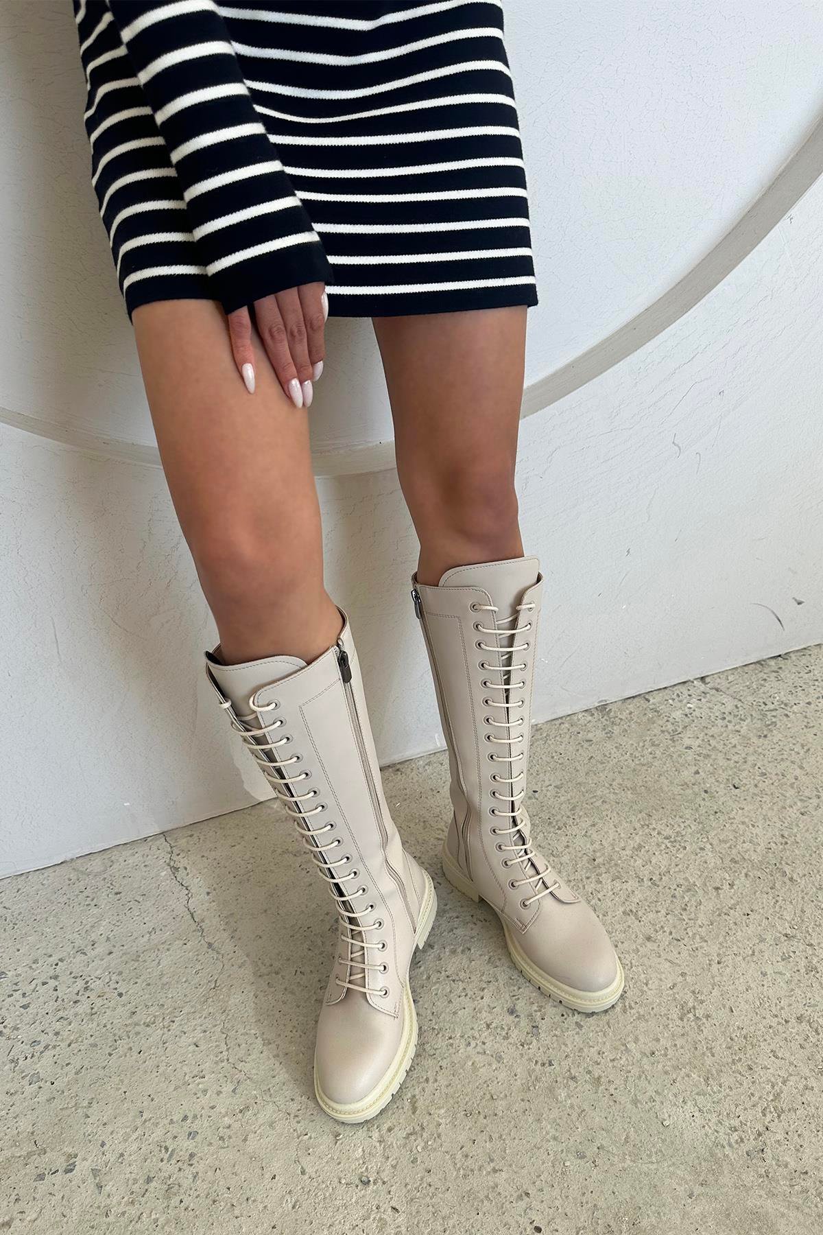 Darwin Kadın  Bağcıklı  Deri  Postal  Çizme Bej