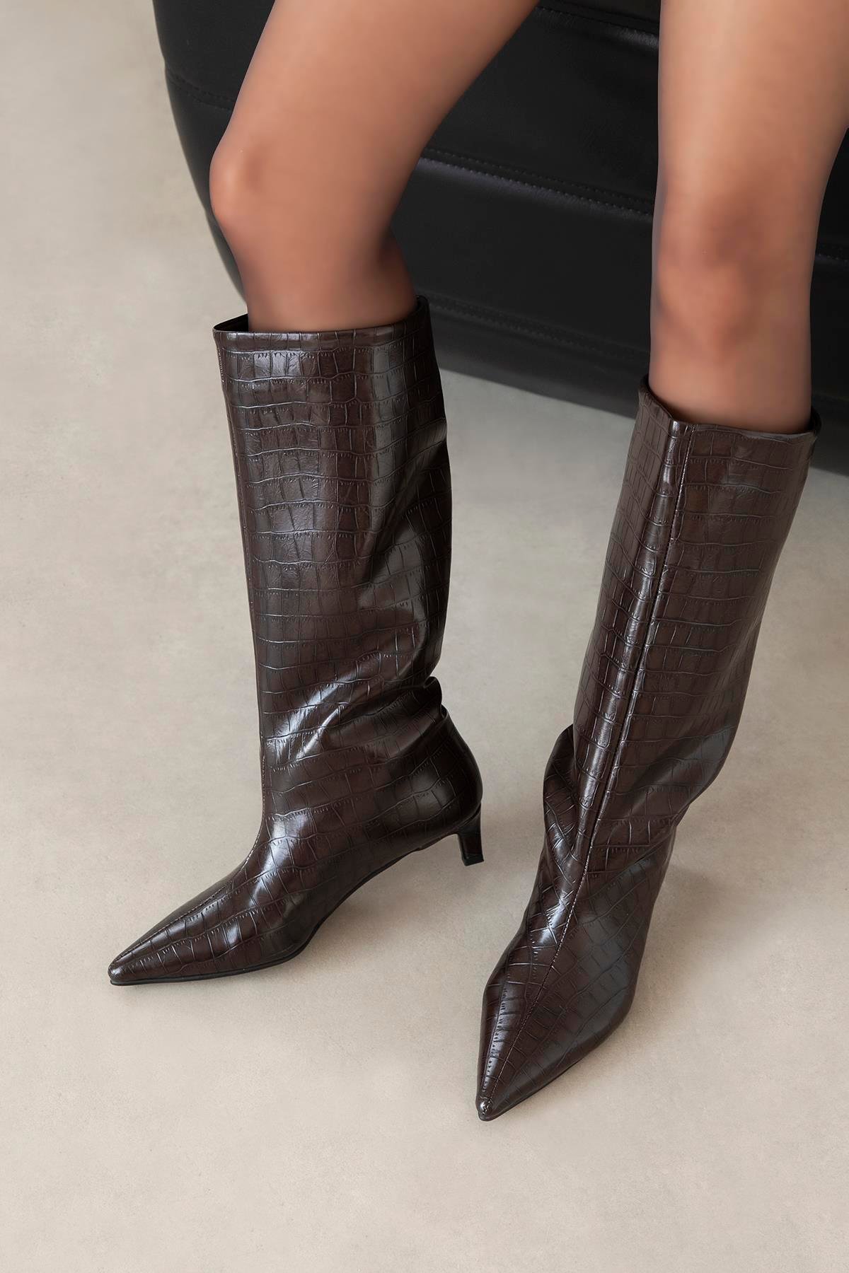 Ella Kadın Kroko Deri Çizme Kahve