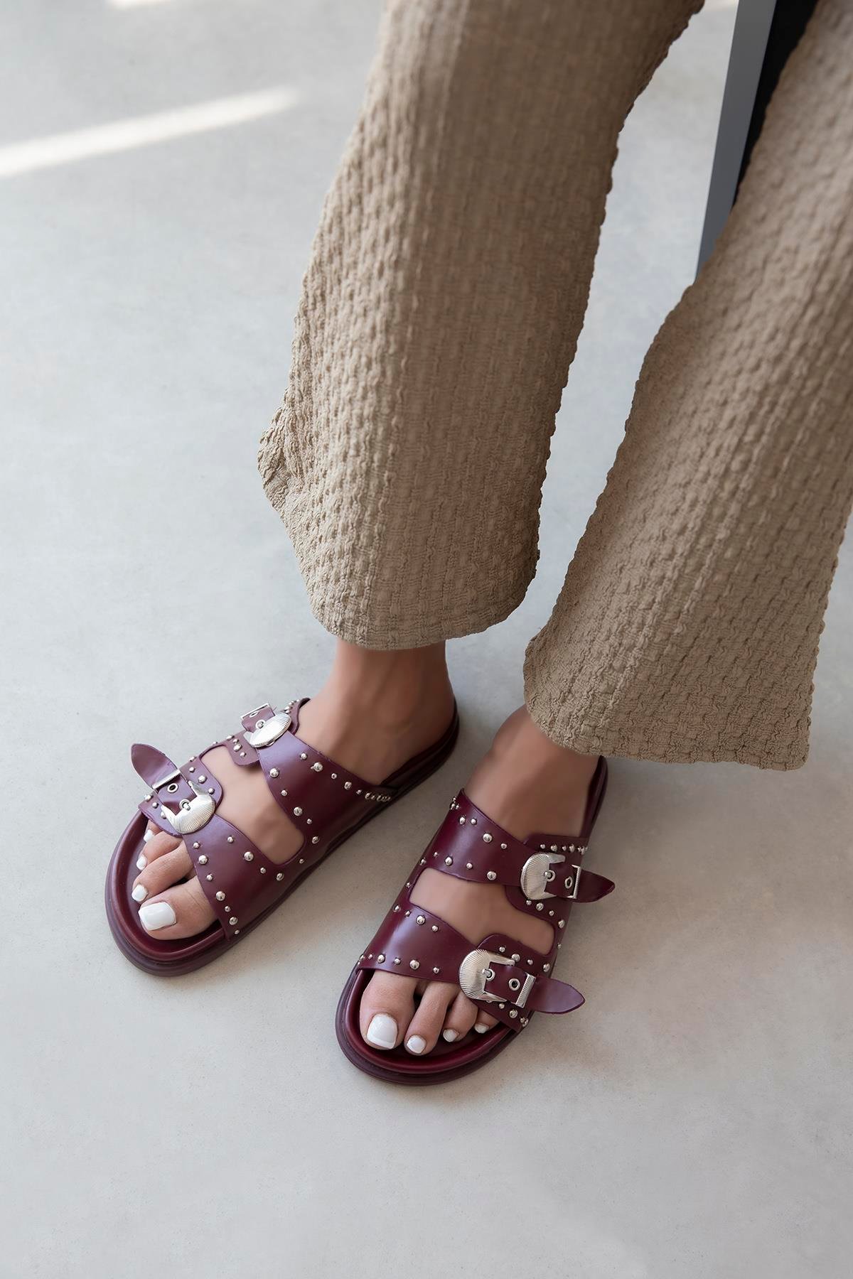 Gavi Kadın Drop Detay Günlük Konfor Deri Terlik Bordo