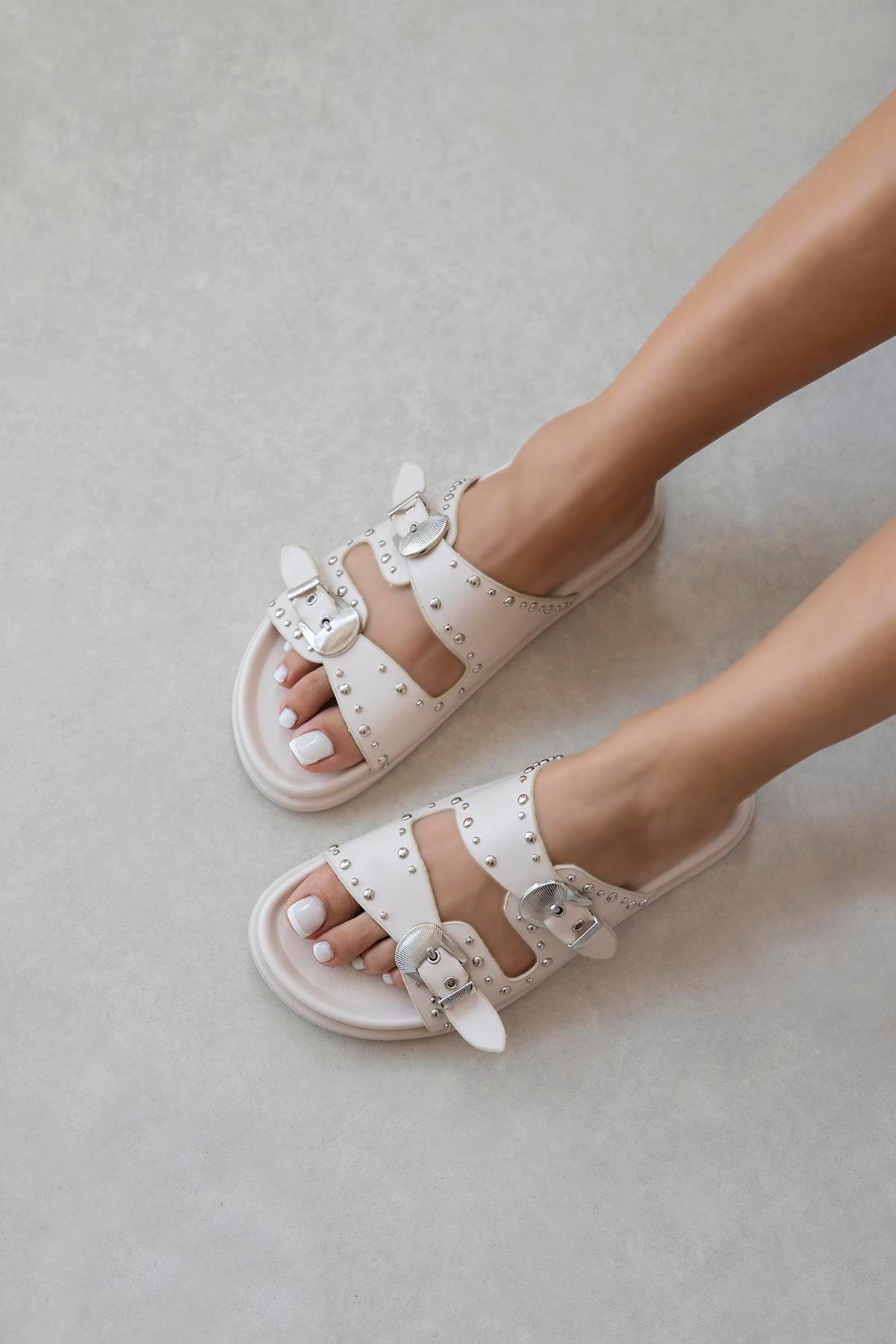 Gavi Kadın Drop Detay Günlük Konfor Deri Terlik Bej