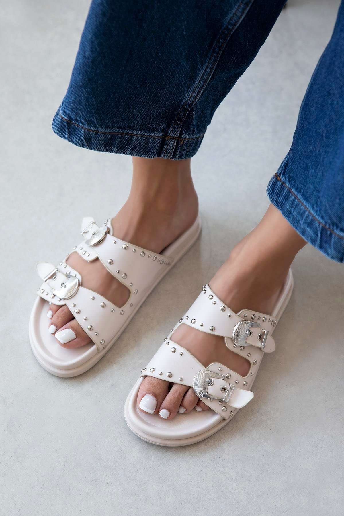 Gavi Kadın Drop Detay Günlük Konfor Deri Terlik Bej