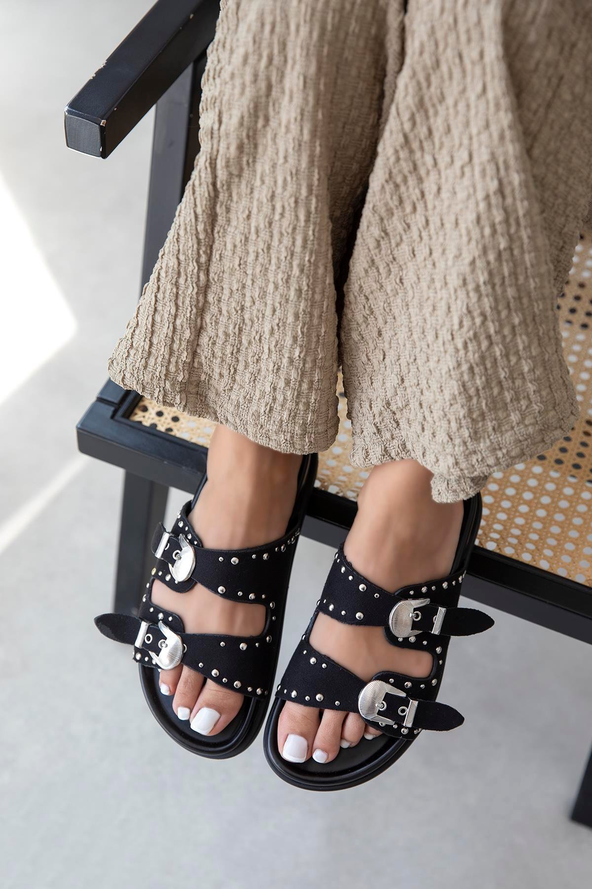 Gavi Kadın Drop Detay Günlük Konfor Süet Terlik Siyah