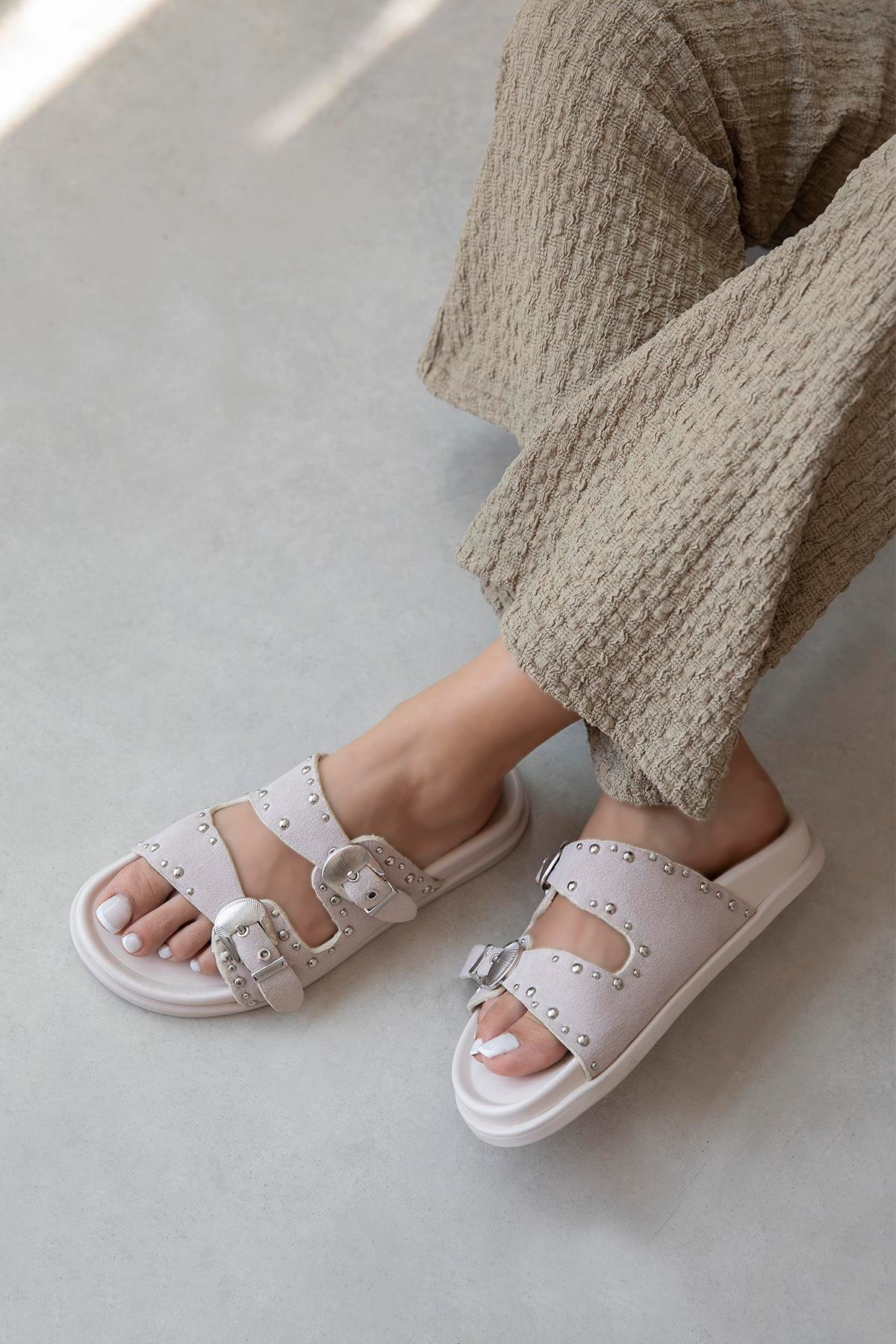 Gavi Kadın Drop Detay Günlük Konfor Süet Terlik Bej