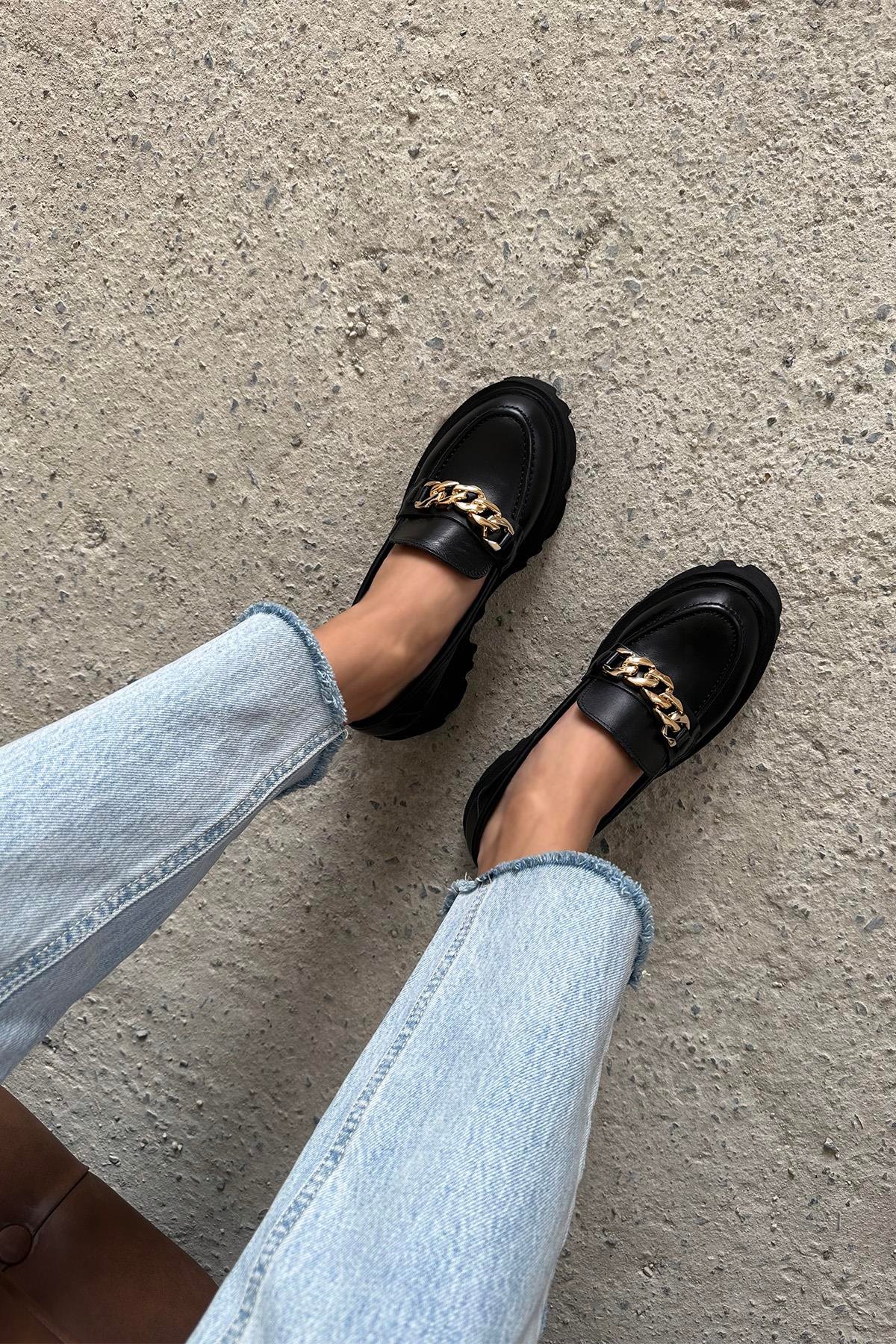 Ghisa Kadın İçi Dışı  Hakiki Deri  Makosen Ayakkabı Siyah