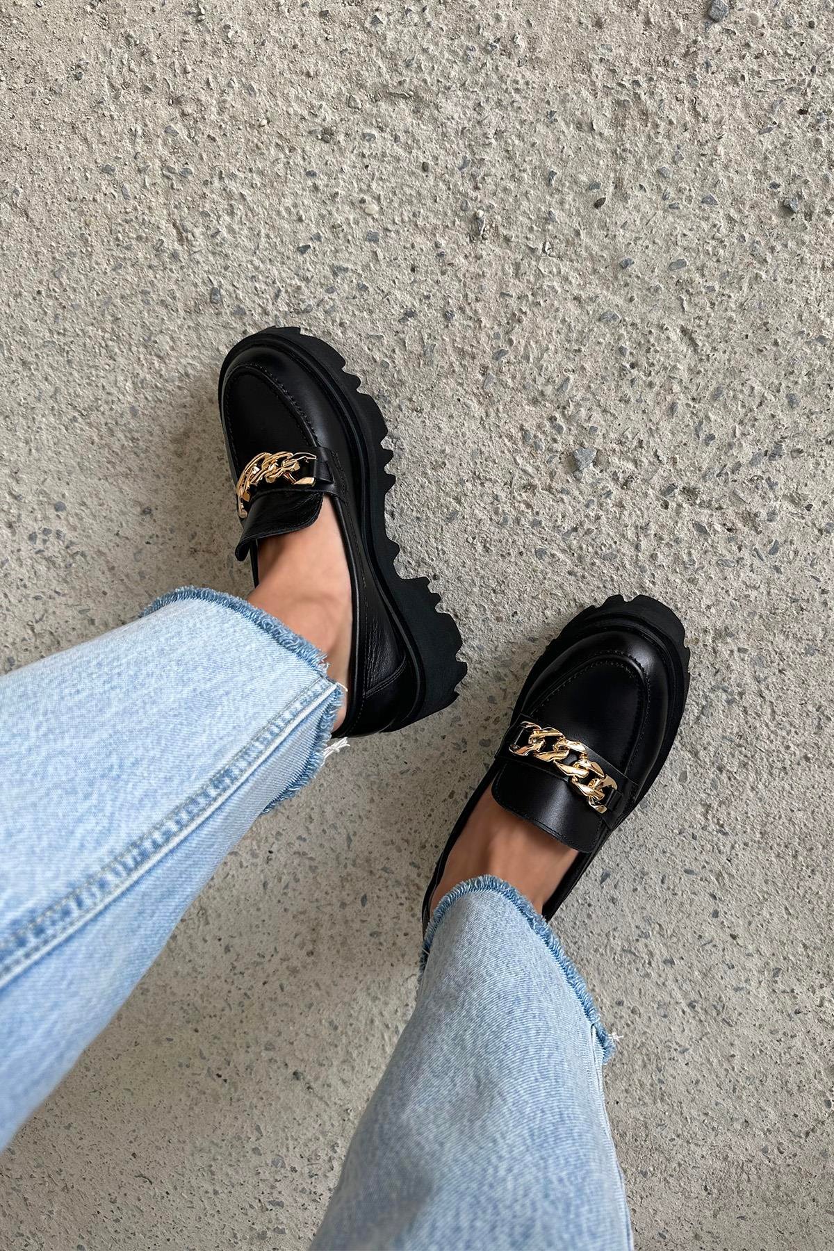 Ghisa Kadın İçi Dışı  Hakiki Deri  Makosen Ayakkabı Siyah