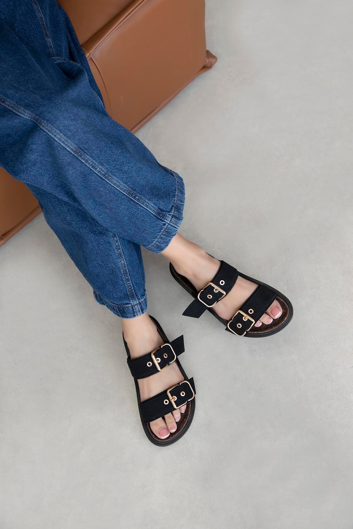 Gita Kadın Toka Detay Günlük Konfor Süet Terlik Siyah