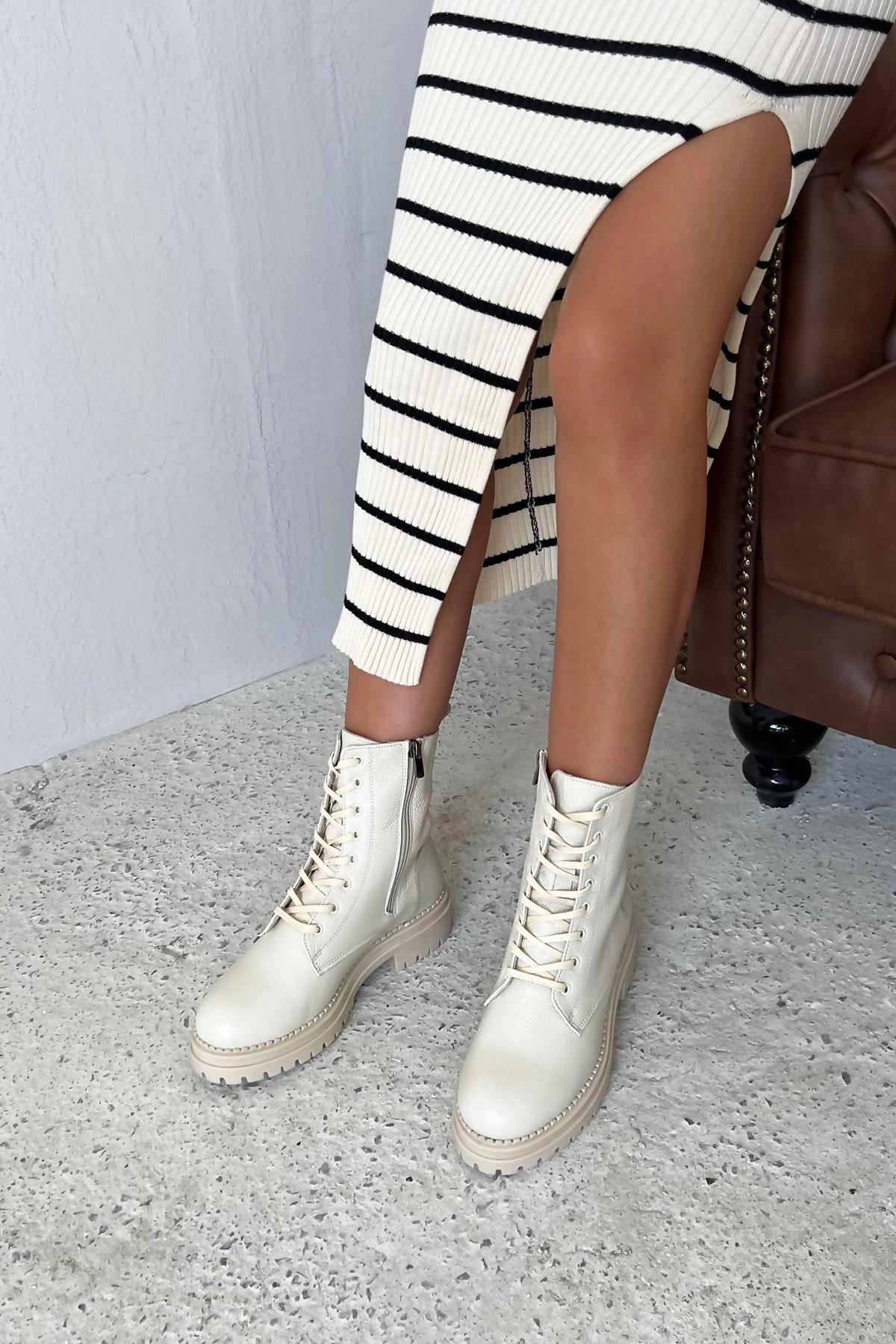 Happy Kadın Hakiki  Deri Postal  Bot Bej