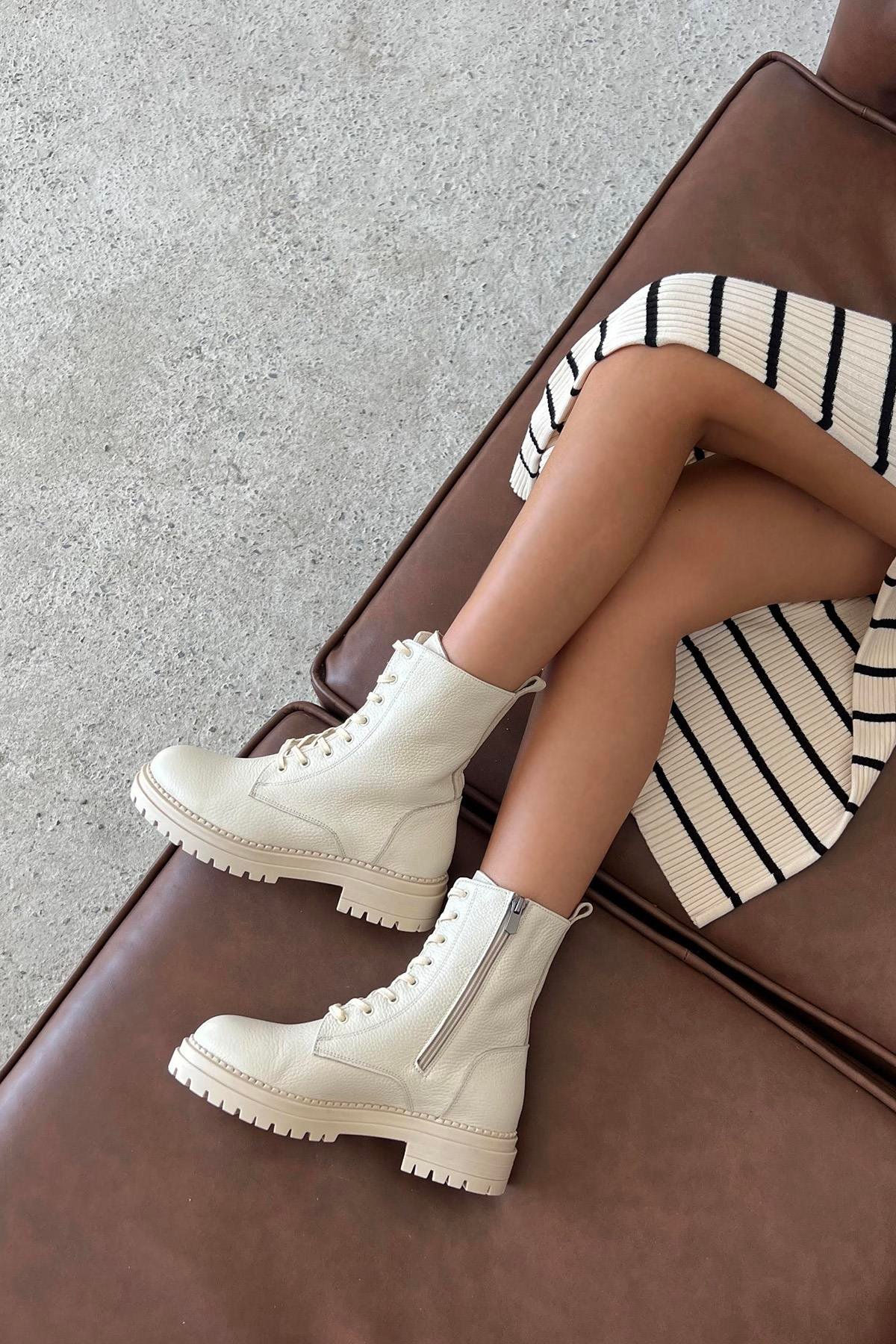 Happy Kadın Hakiki  Deri Postal  Bot Bej