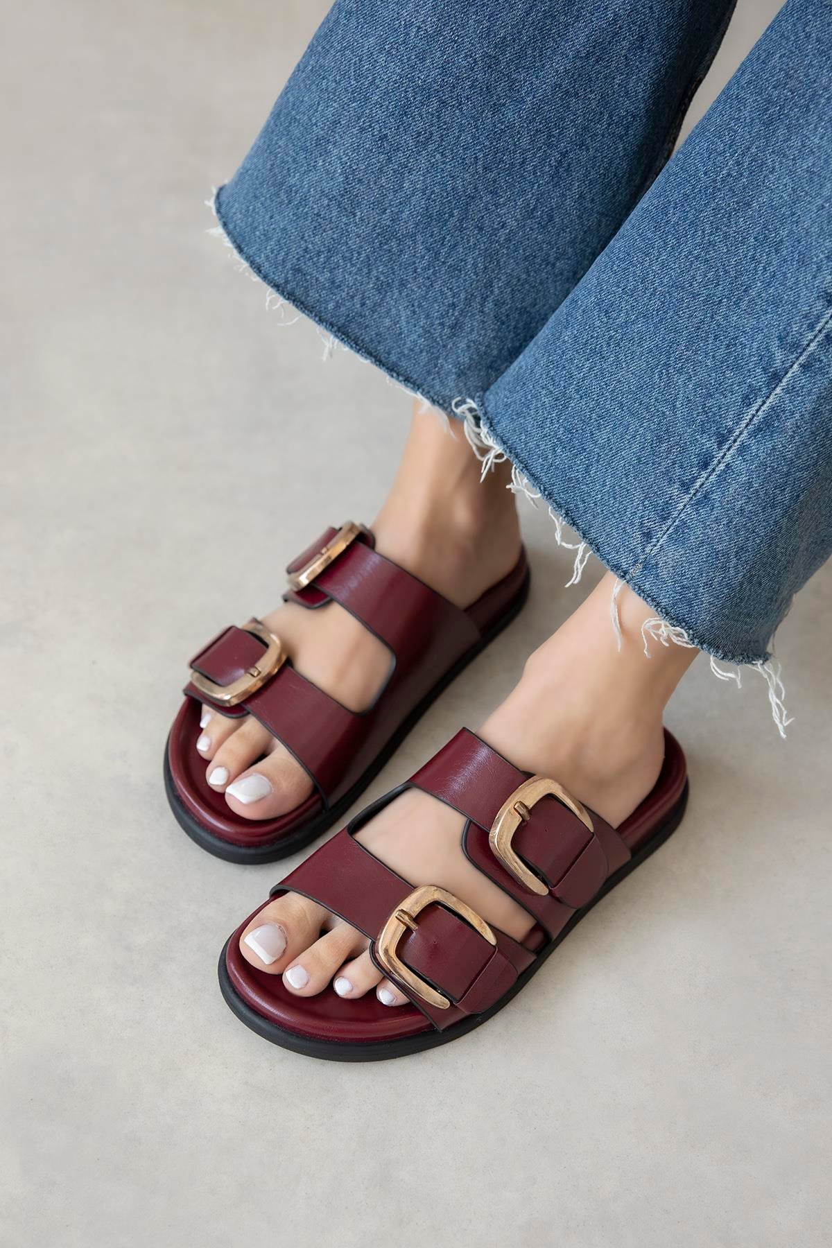Harden Kadın Toka Detay Günlük Konfor Deri Terlik Bordo