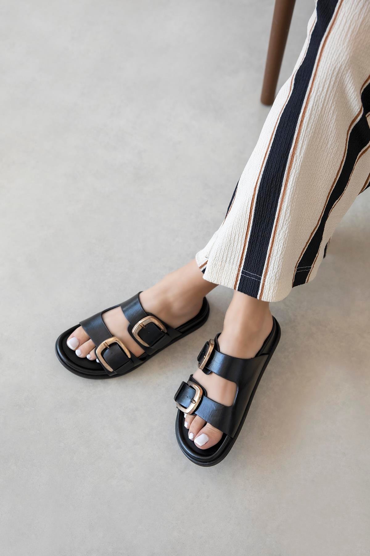 Harden Kadın Toka Detay Günlük Konfor Deri Terlik Siyah