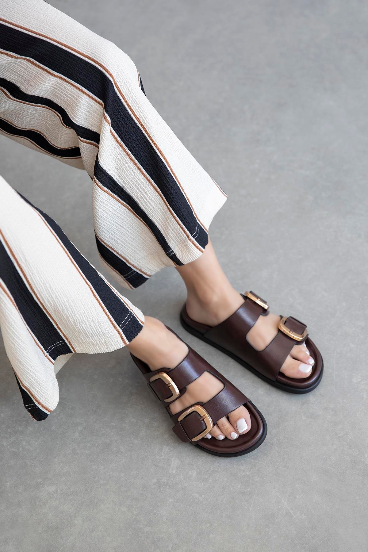 Harden Kadın Toka Detay Günlük Konfor Deri Terlik Kahve