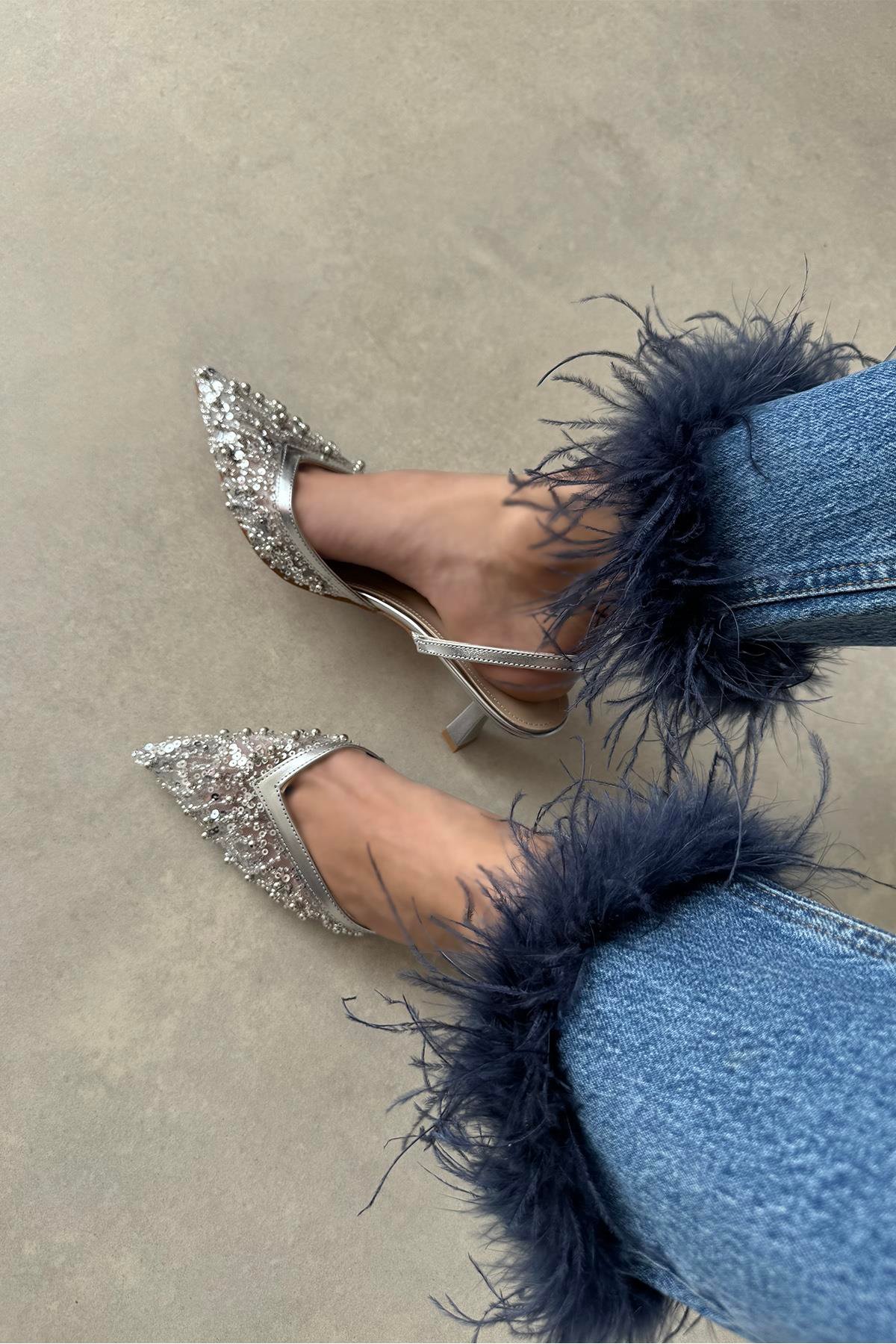 Harmony Kadın Pul Detay Topuklu  Ayakkabı Gümüş