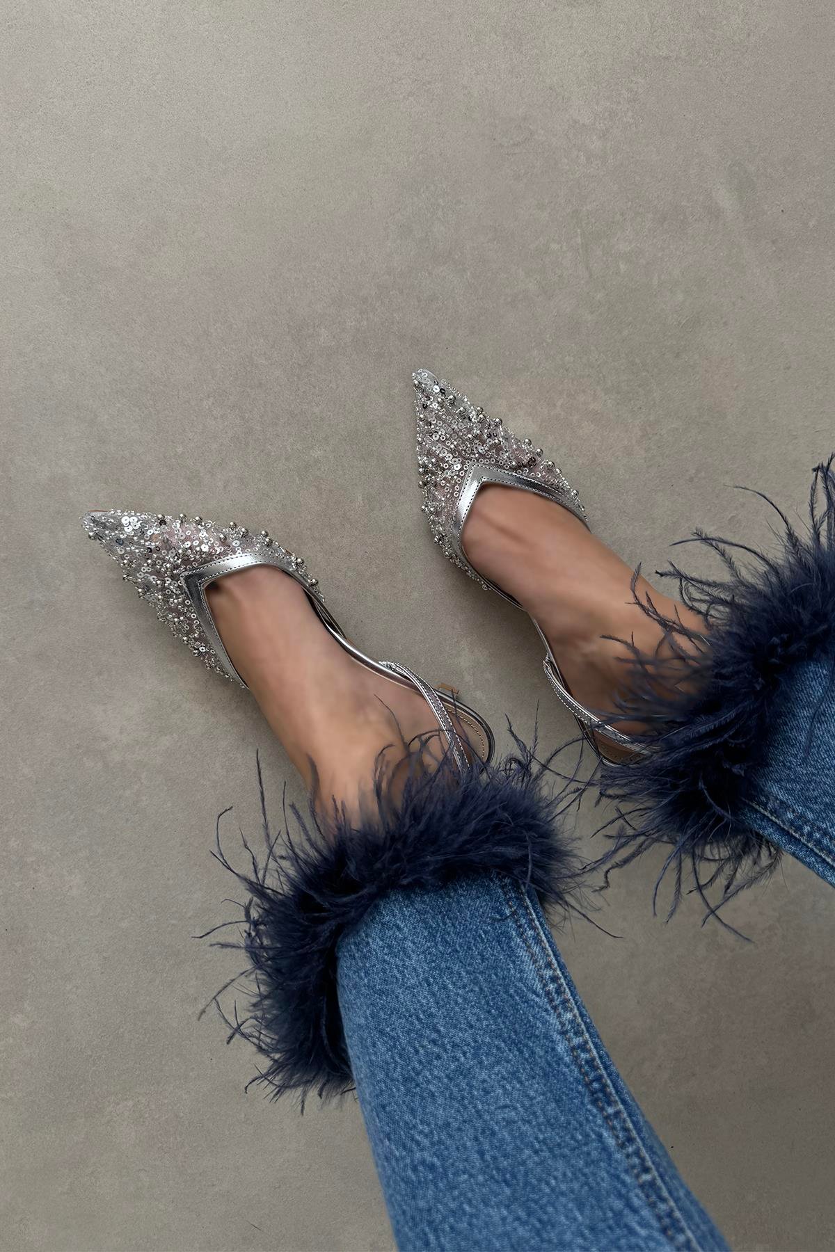 Harmony Kadın Pul Detay Topuklu  Ayakkabı Gümüş