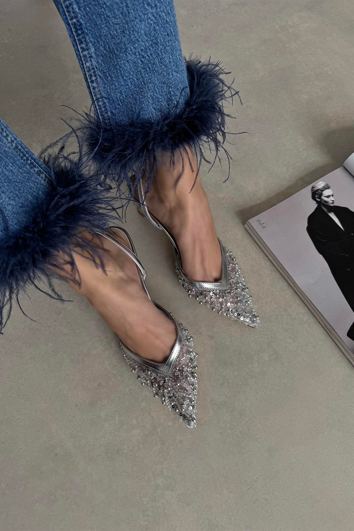 Harmony Kadın Pul Detay Topuklu  Ayakkabı Gümüş