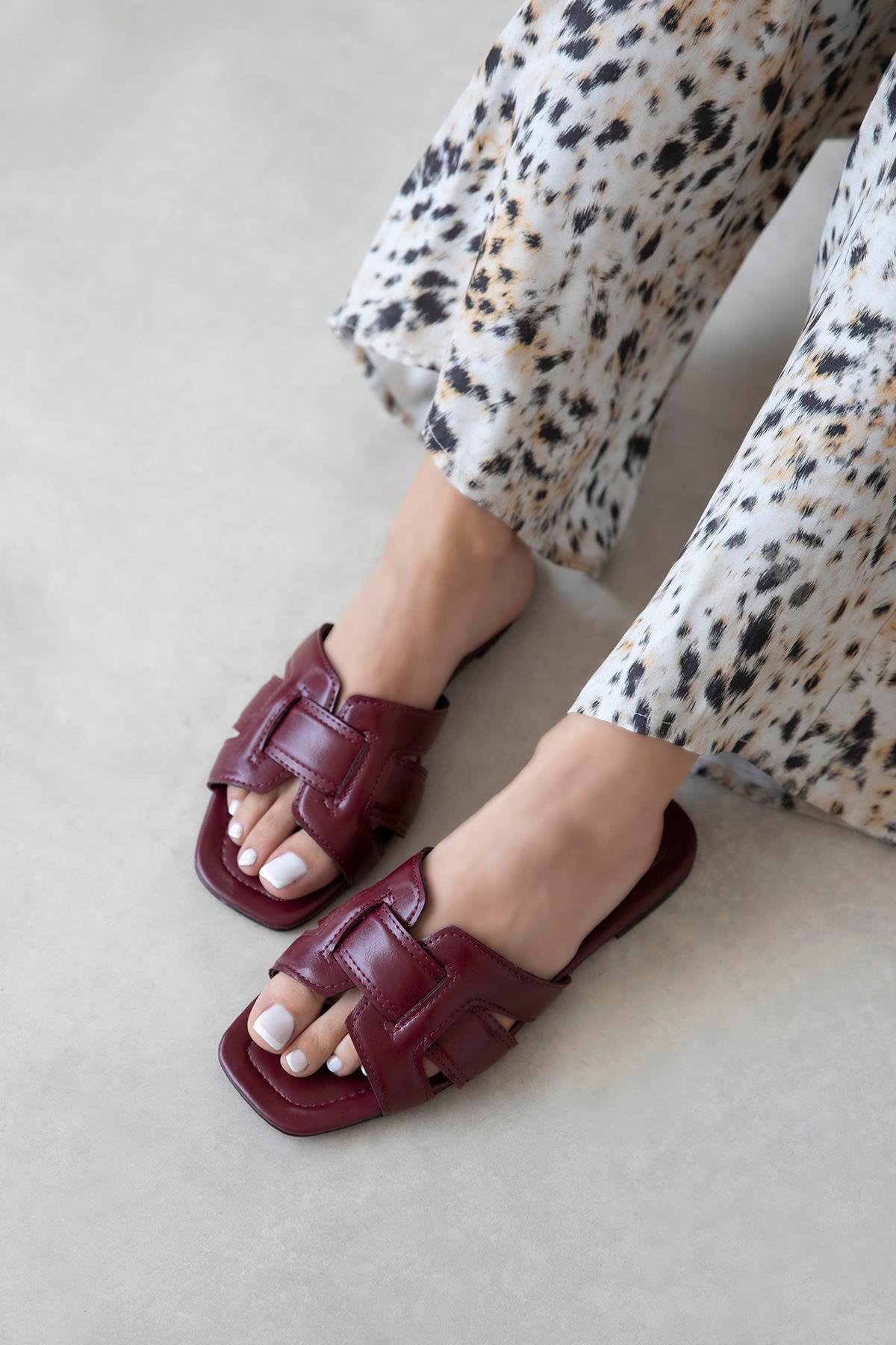 Huxx  Kadın Tek Bant  Günlük Deri Terlik Bordo