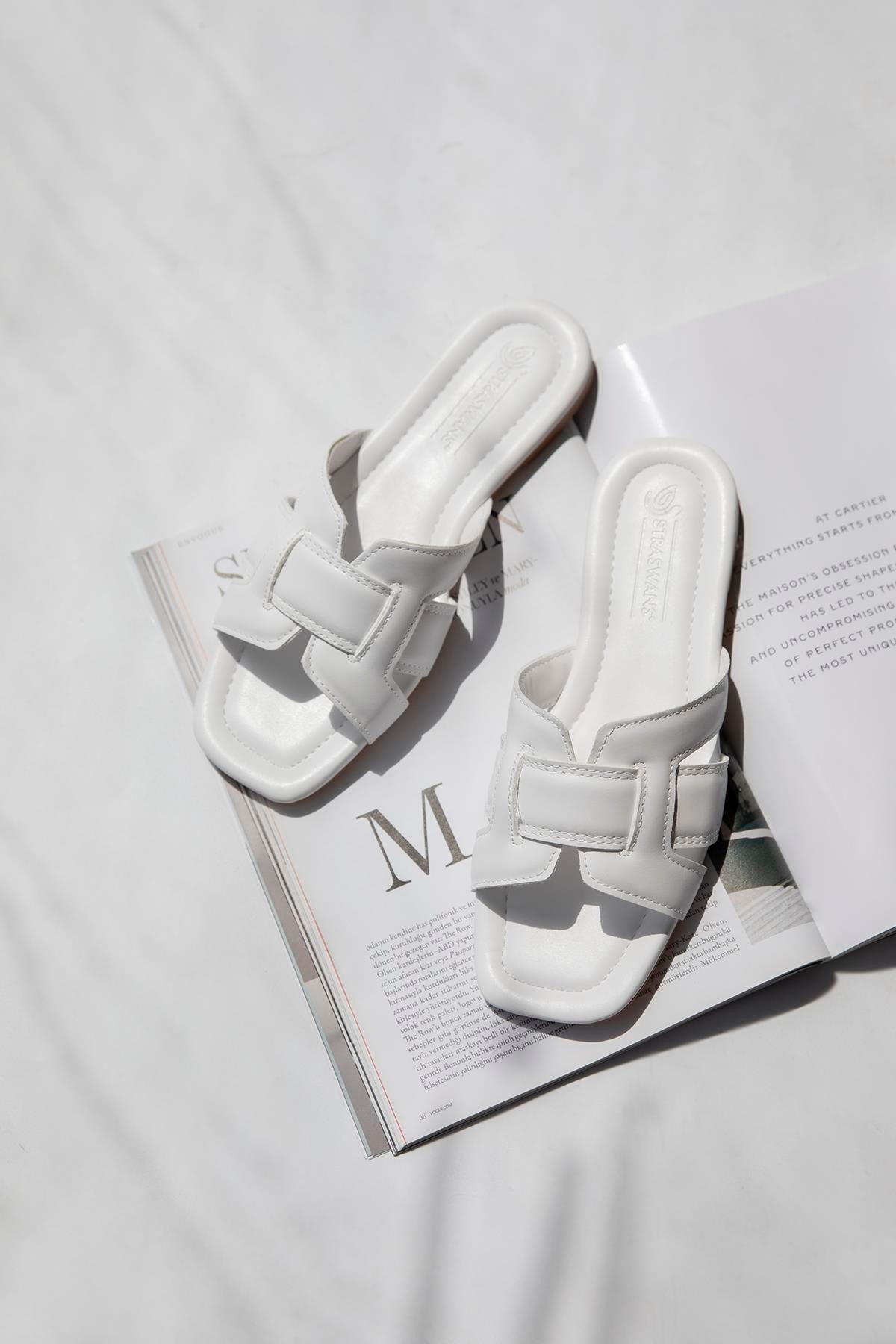 Huxx  Kadın Tek Bant  Günlük Deri Terlik Beyaz