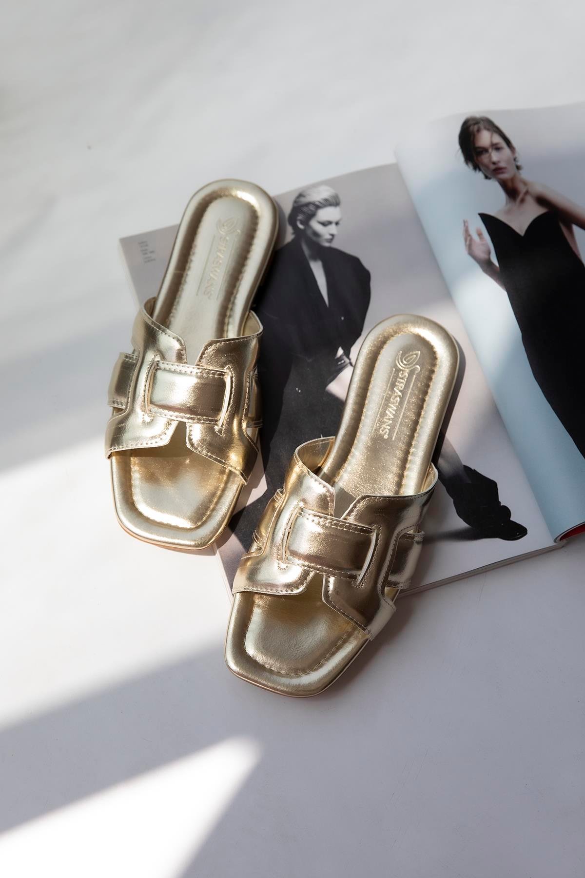 Huxx  Kadın Tek Bant  Günlük Deri Terlik Altın