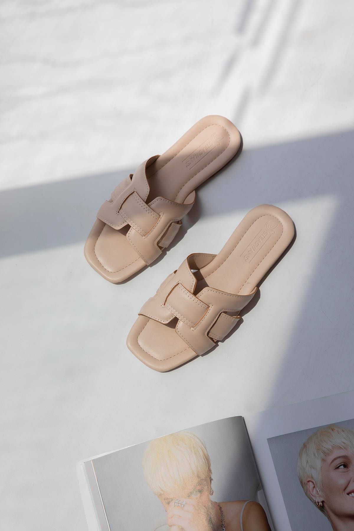 Huxx  Kadın Tek Bant  Günlük Deri Terlik Bej