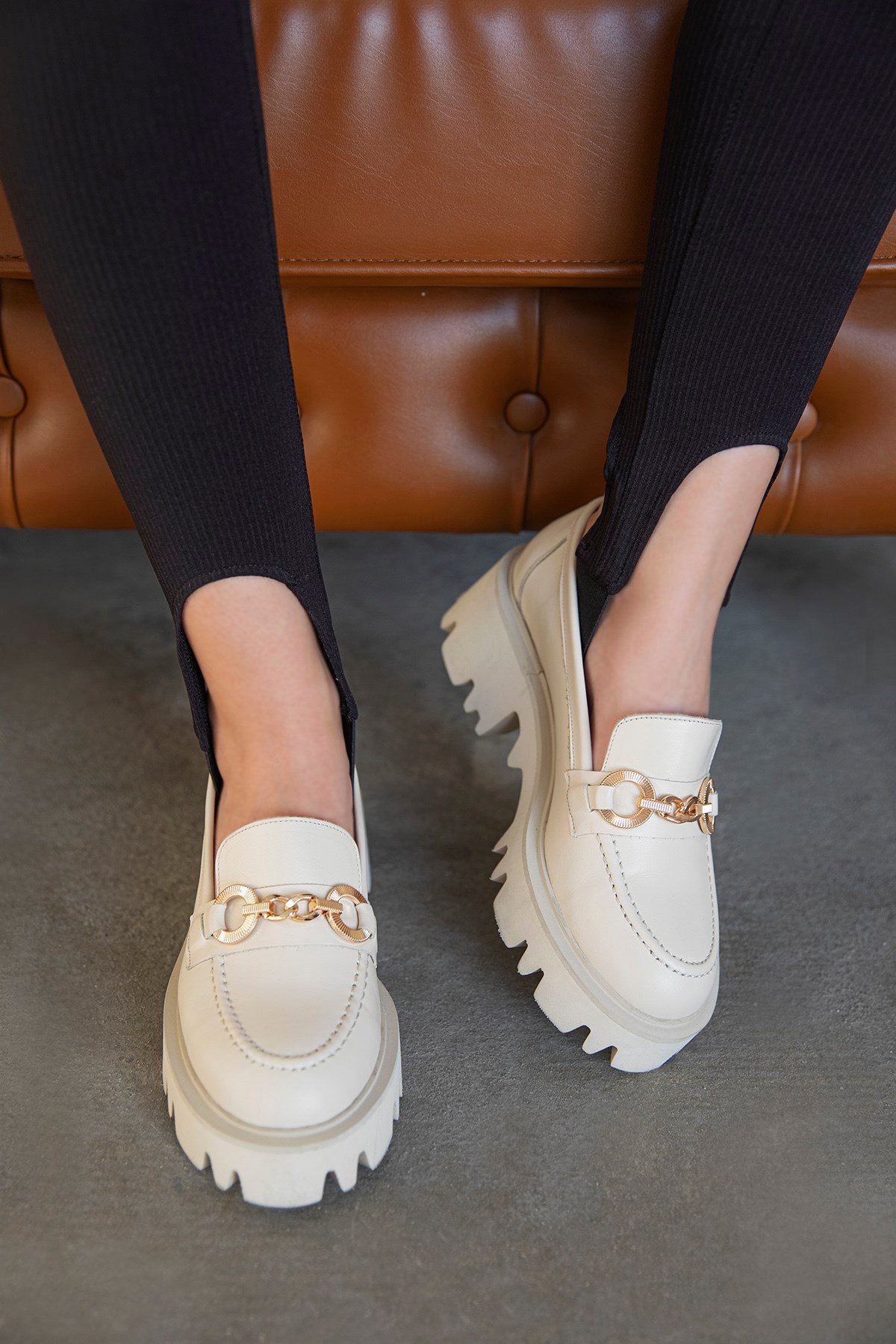 Jacky  Kadın İçi Dışı  Hakiki Deri  Makosen Ayakkabı Bej