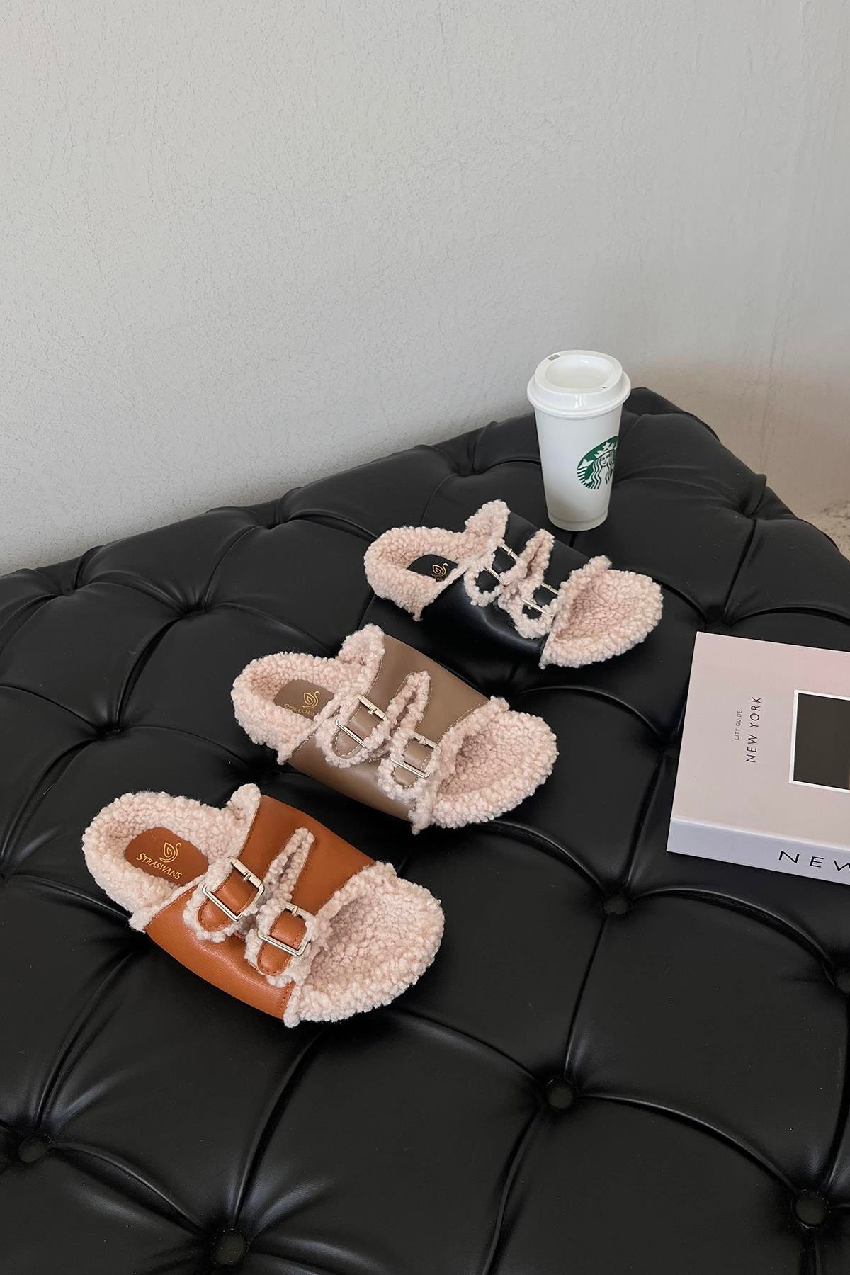 Jada  Kadın  Tüylü Düz Taban Terlik Taba