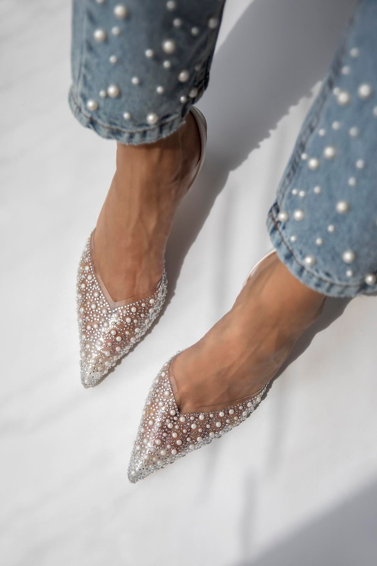 Jessica Kadın Taş Detay Şeffaf Topuklu  Ayakkabı Beyaz