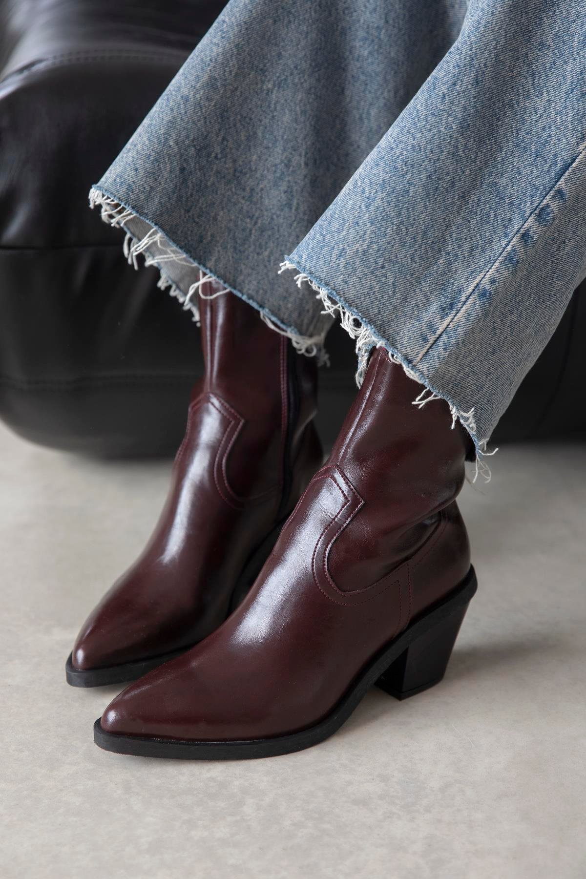 Jose Kadın Kırışık Deri Topuklu Bot Bordo