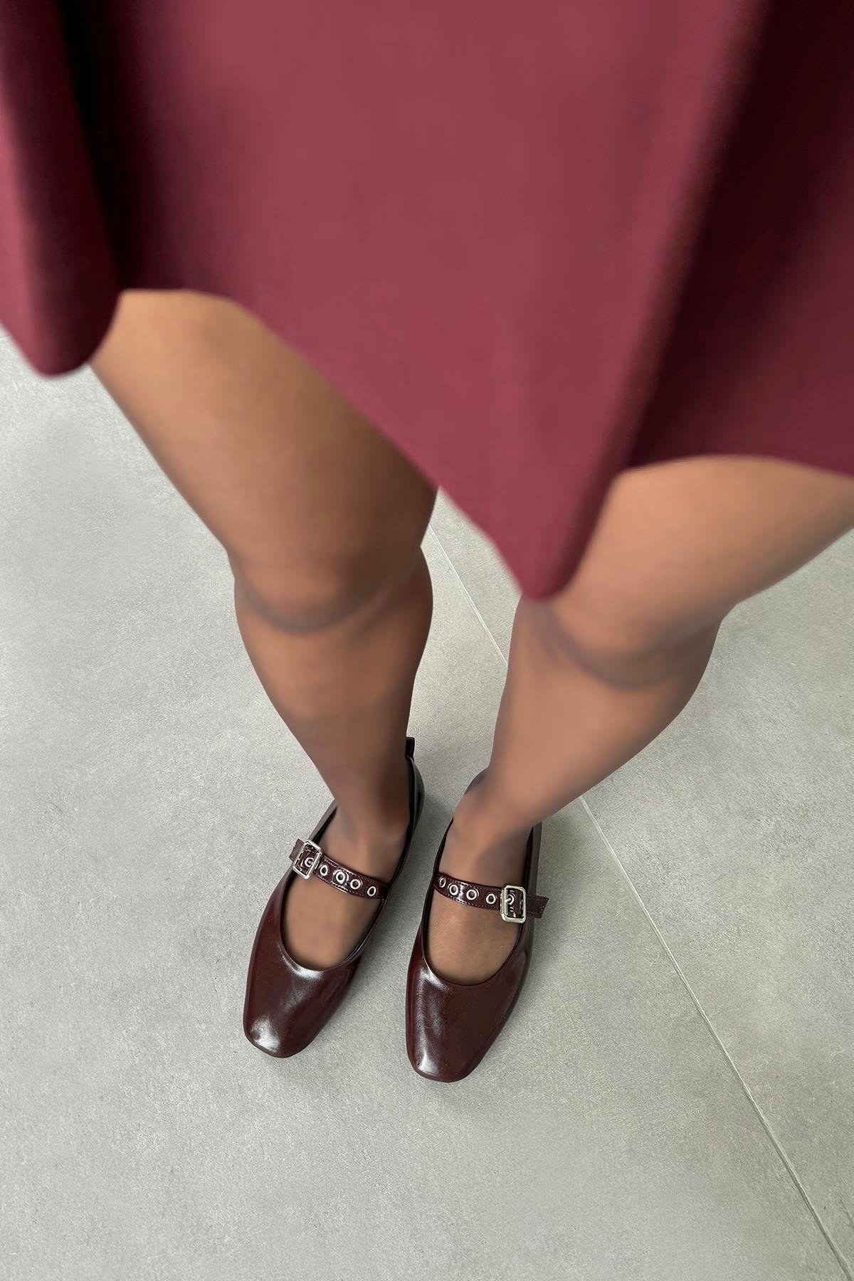 Jules Kadın Kemer Detay Kırışık Deri Babet Bordo