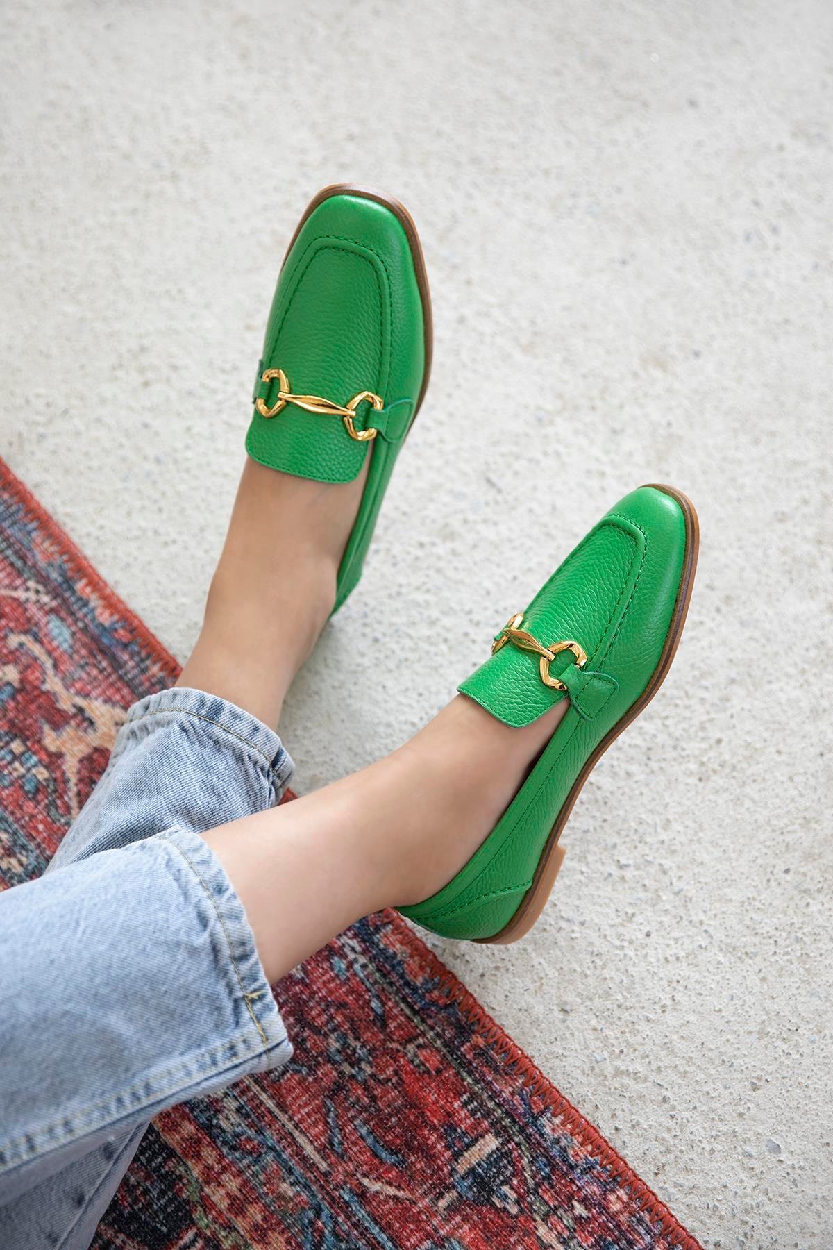 Kaira  Kadın Baskı Detay Hakiki Deri  Makosen Ayakkabı Yeşil