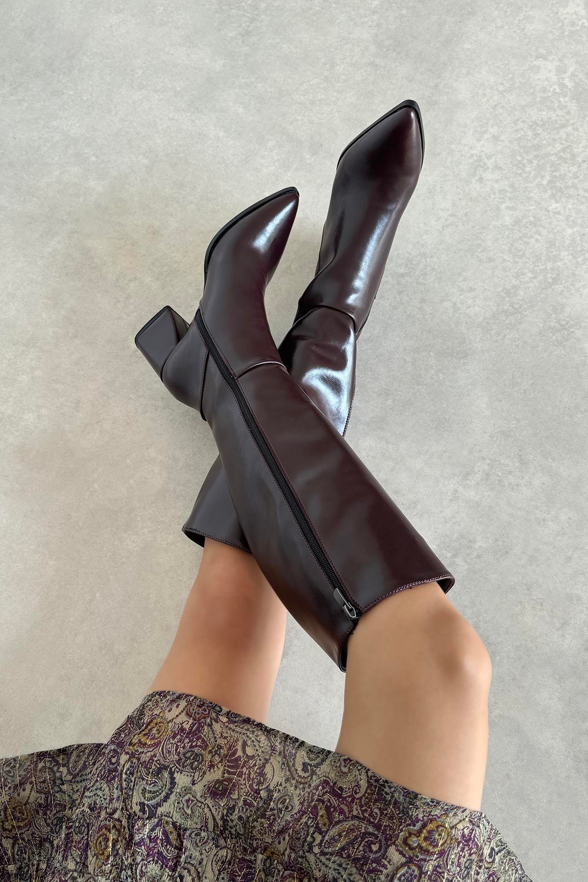 Kamilla Kadın Kırışık Deri Çizme Bordo