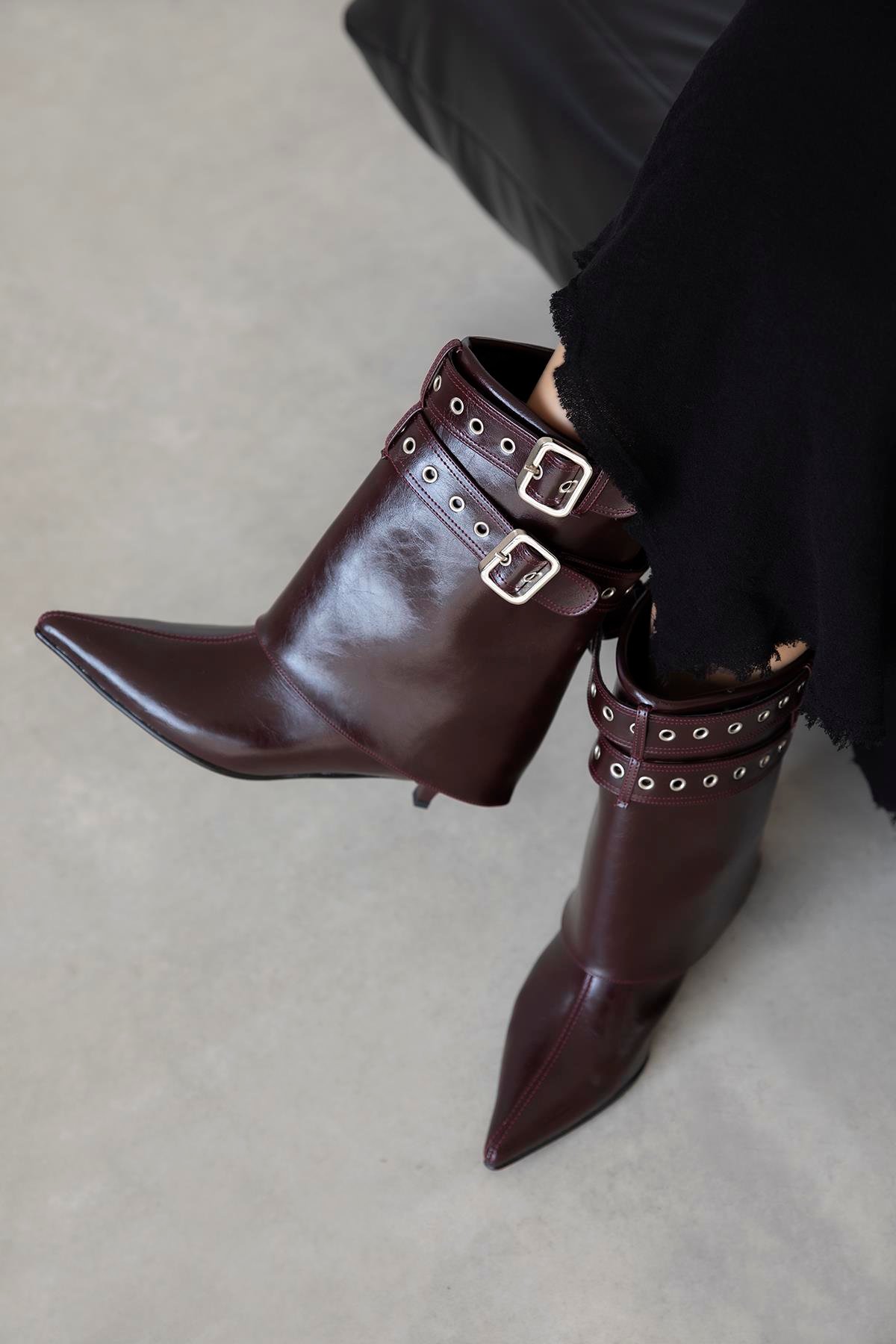 Katy Kadın Aksesuar Detay Kırışık Deri Bot Bordo