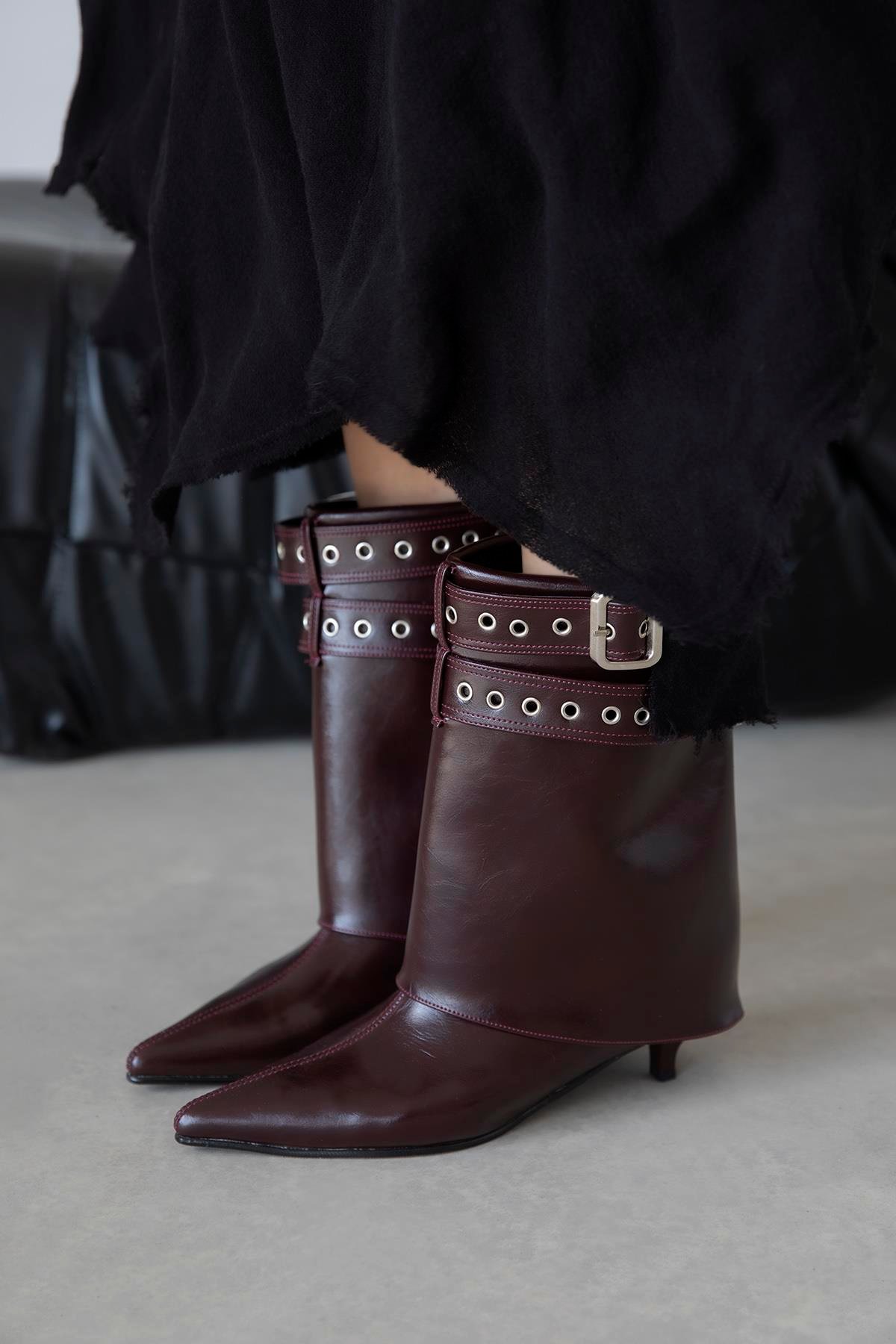 Katy Kadın Aksesuar Detay Kırışık Deri Bot Bordo