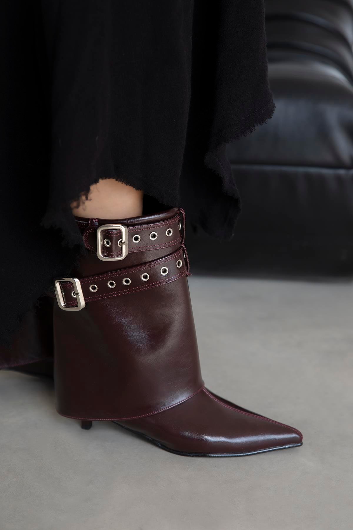 Katy Kadın Aksesuar Detay Kırışık Deri Bot Bordo