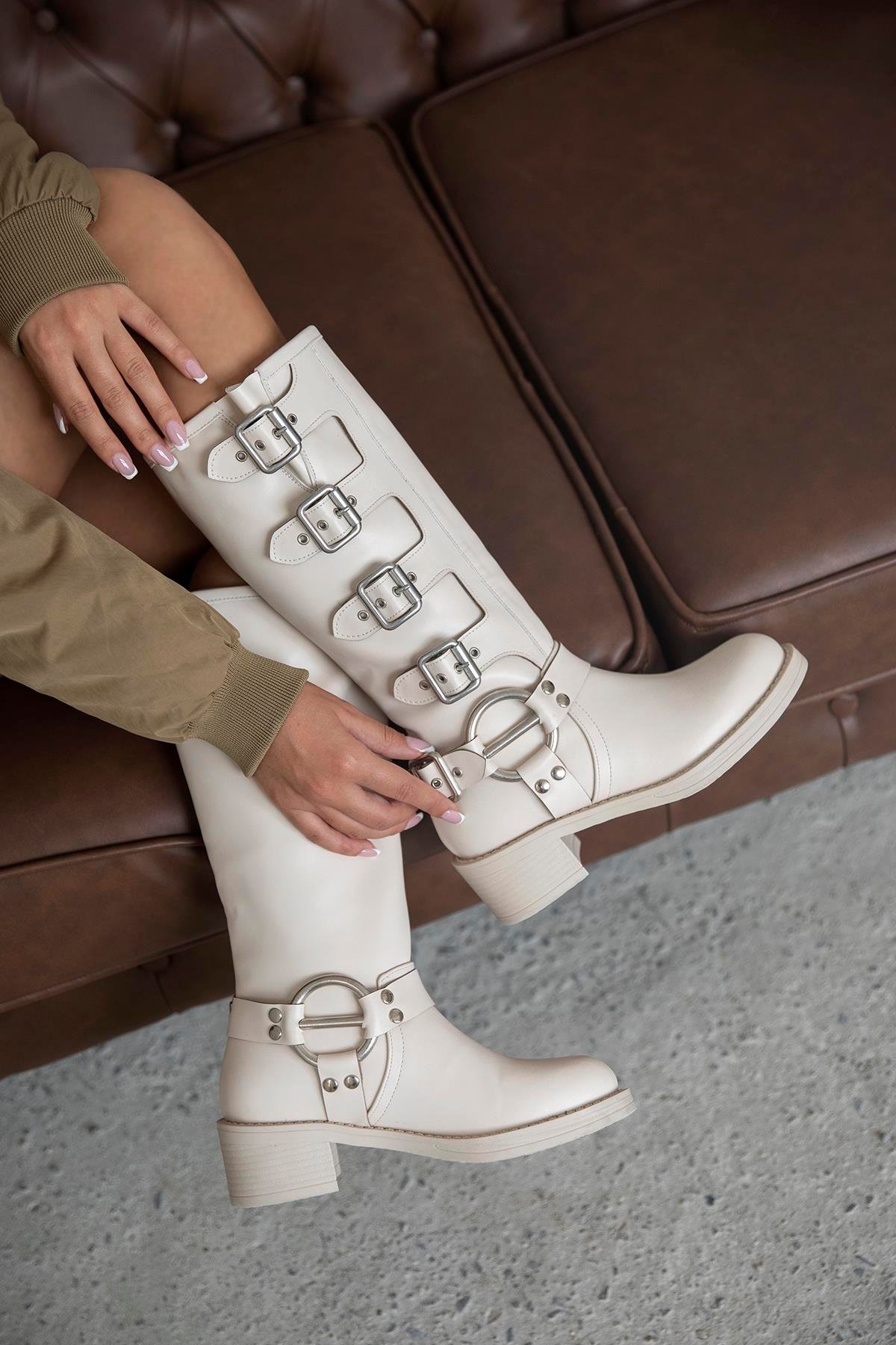 Kimberly Kadın Aksesuar Detay Deri Çizme Bej