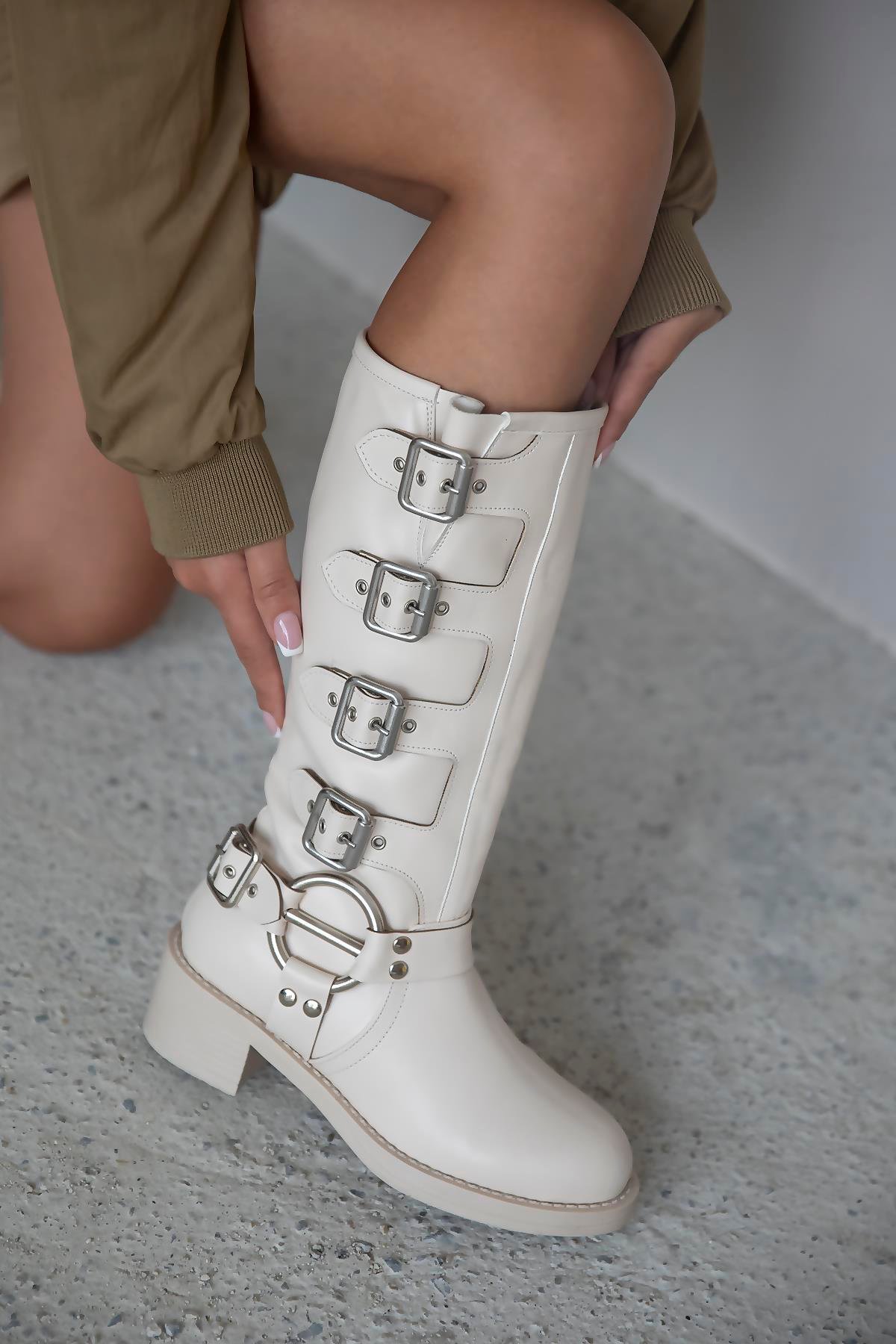 Kimberly Kadın Aksesuar Detay Deri Çizme Bej