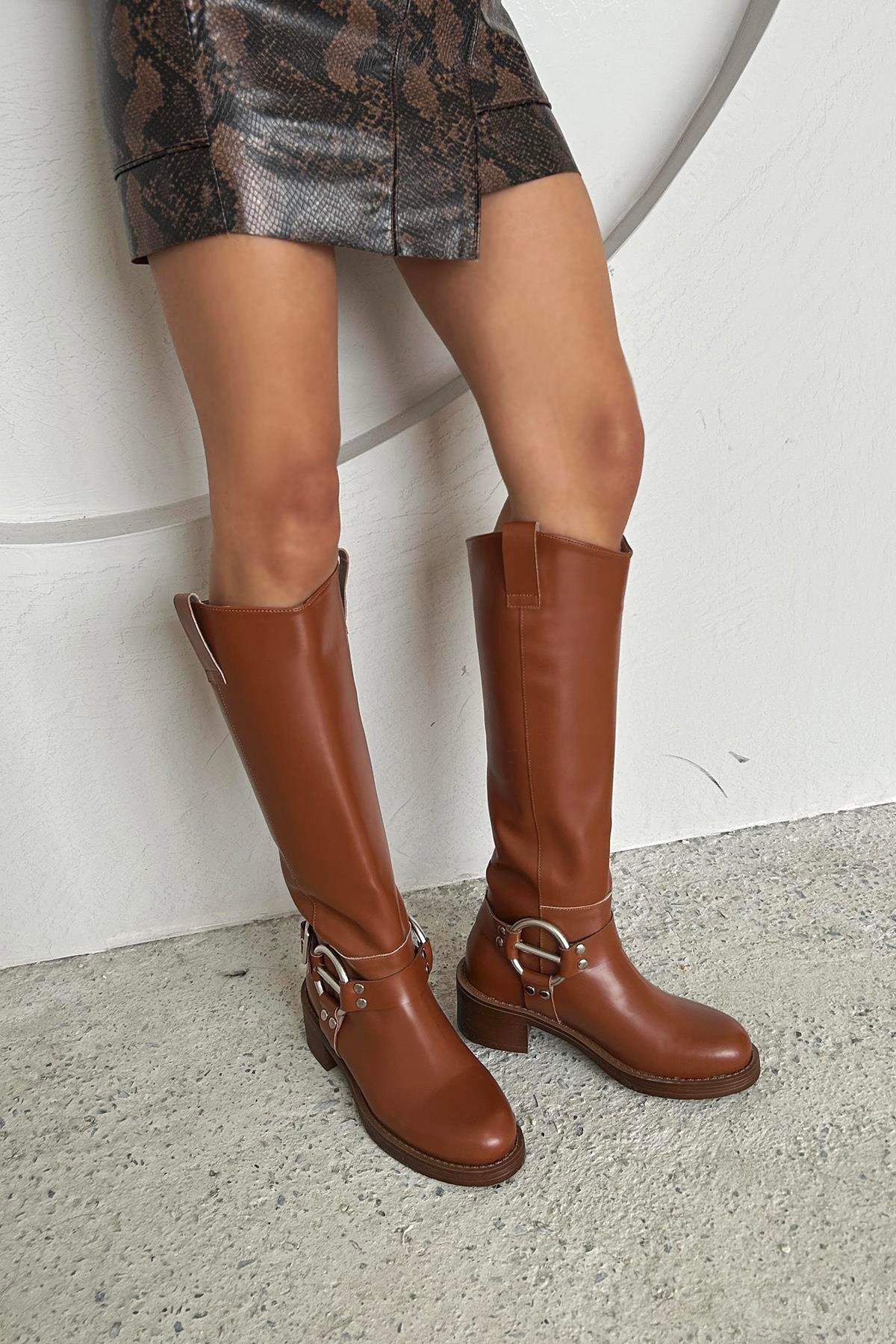 Legend Kadın Kemer Detay Binici  Deri   Çizme Taba