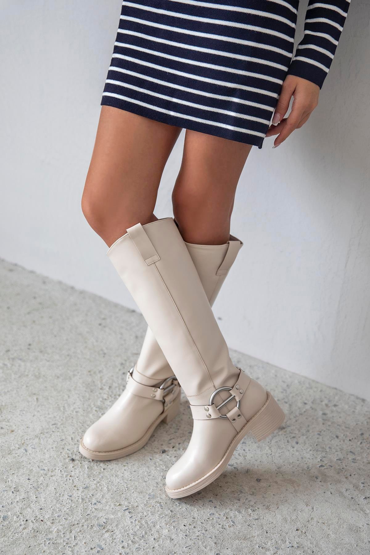 Legend Kadın Kemer Detay Binici  Deri   Çizme Bej