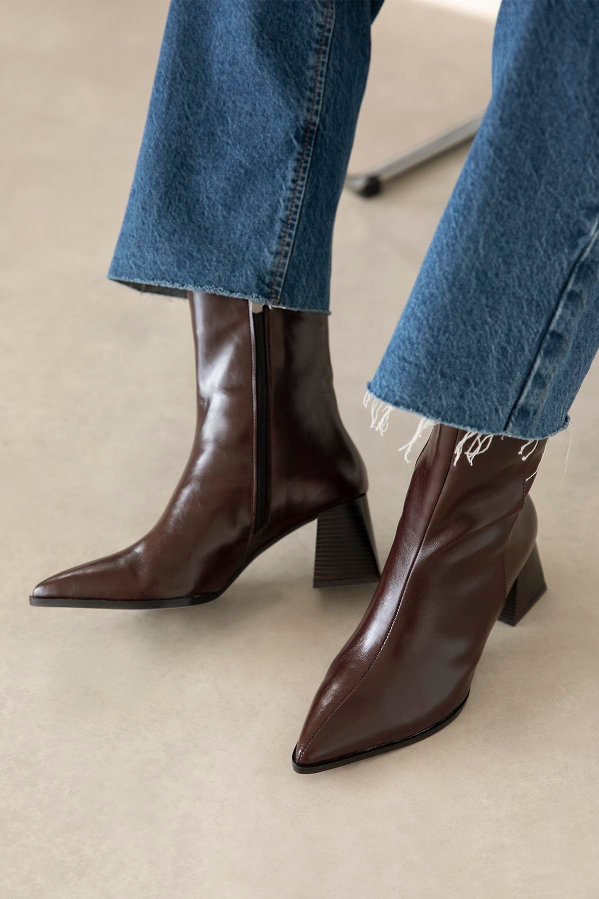 Liston Kadın Topuklu Kırışık Deri Bot Bordo