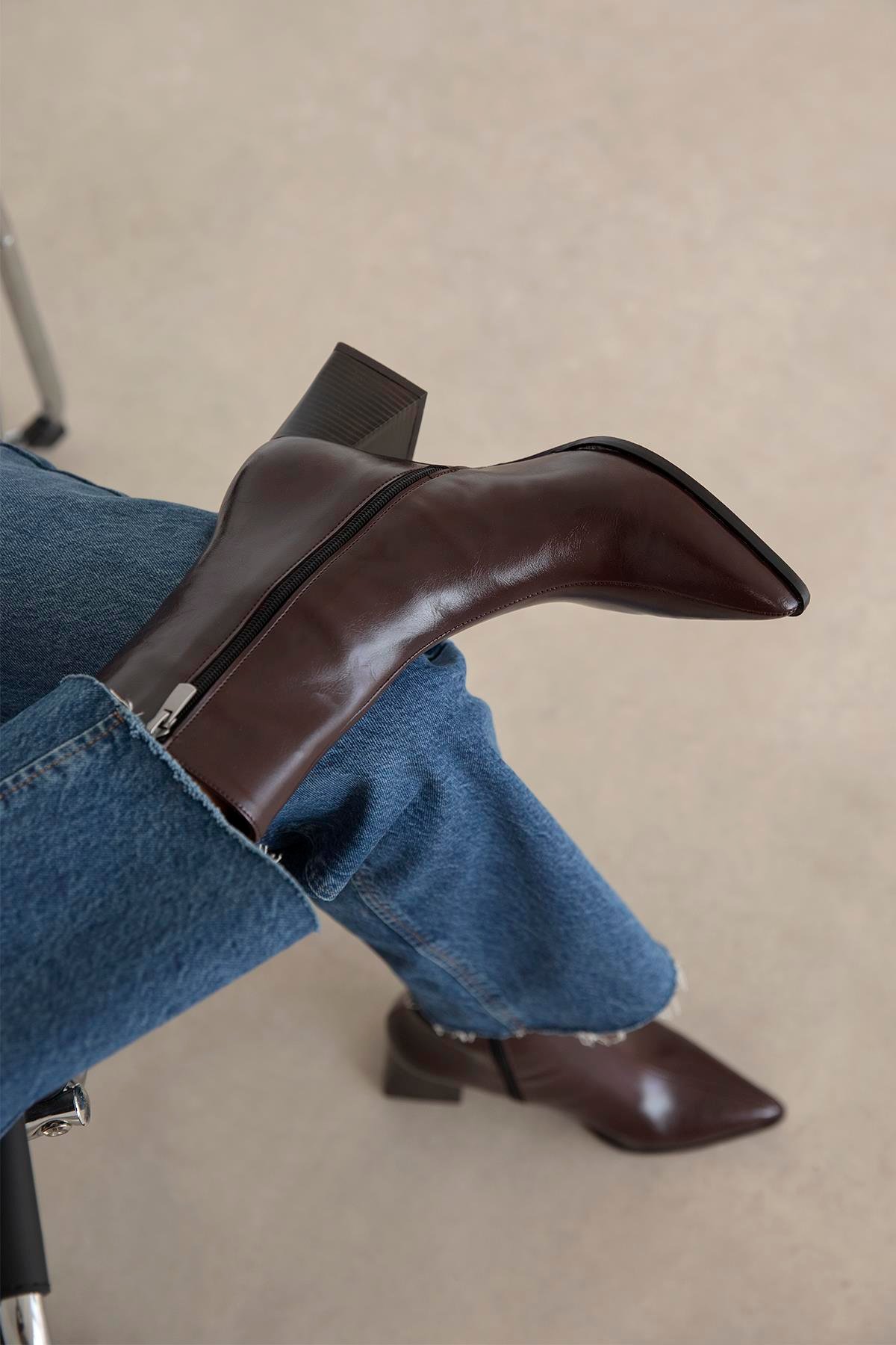 Liston Kadın Topuklu Kırışık Deri Bot Bordo