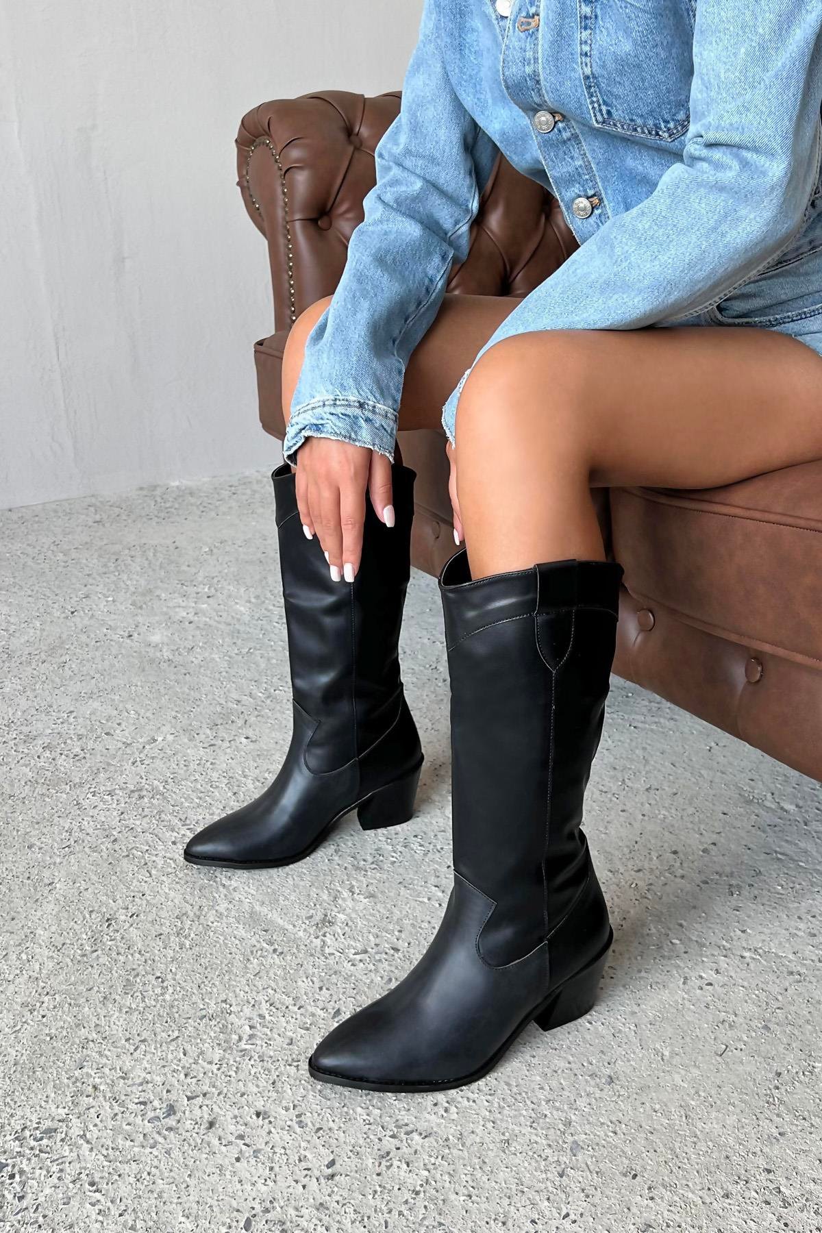 Luis  Kadın Sivri Burun Deri Çizme Siyah