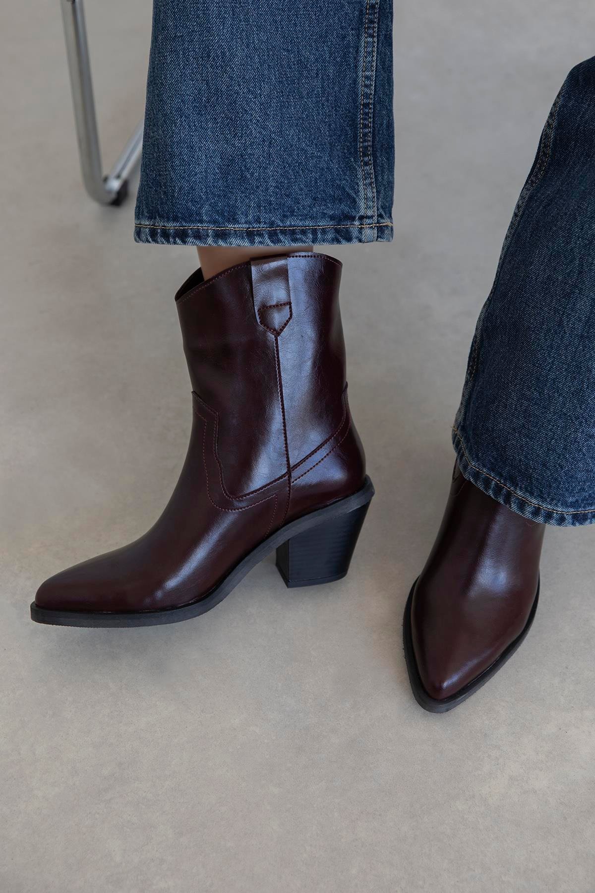 Maven Kadın Kırışık Deri Topuklu Bot Bordo