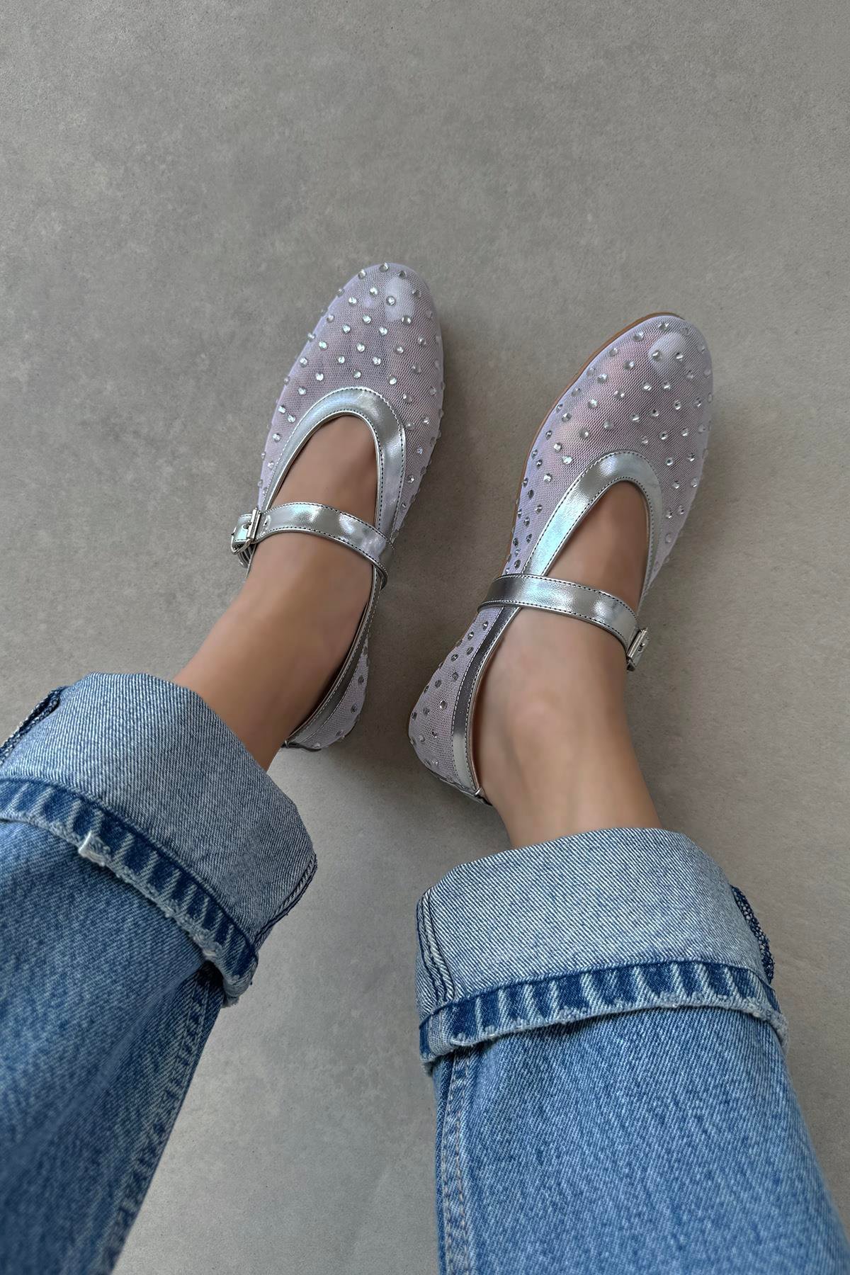 Maxine Kadın File Detay Dantel Taş Babet Gümüş