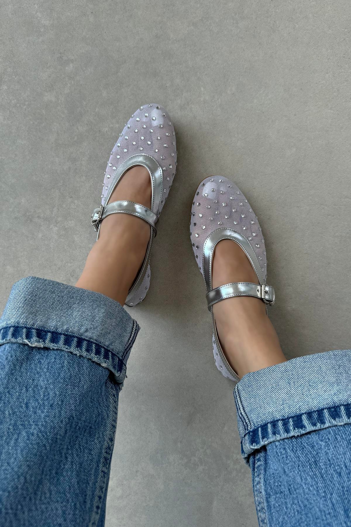 Maxine Kadın File Detay Dantel Taş Babet Gümüş