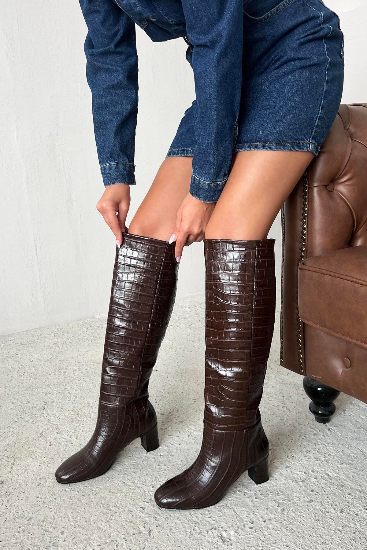 Moscow Kadın  Topuklu  Kroko Çizme Kahve