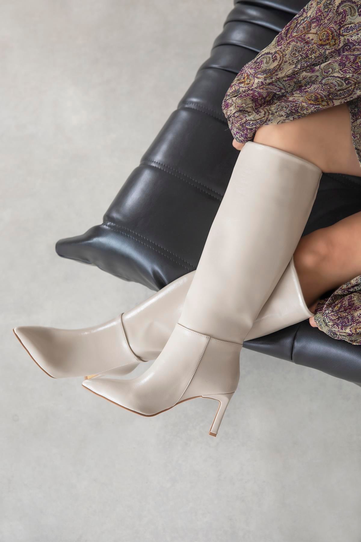 Nadia Kadın Kırışık Deri Çizme Bej