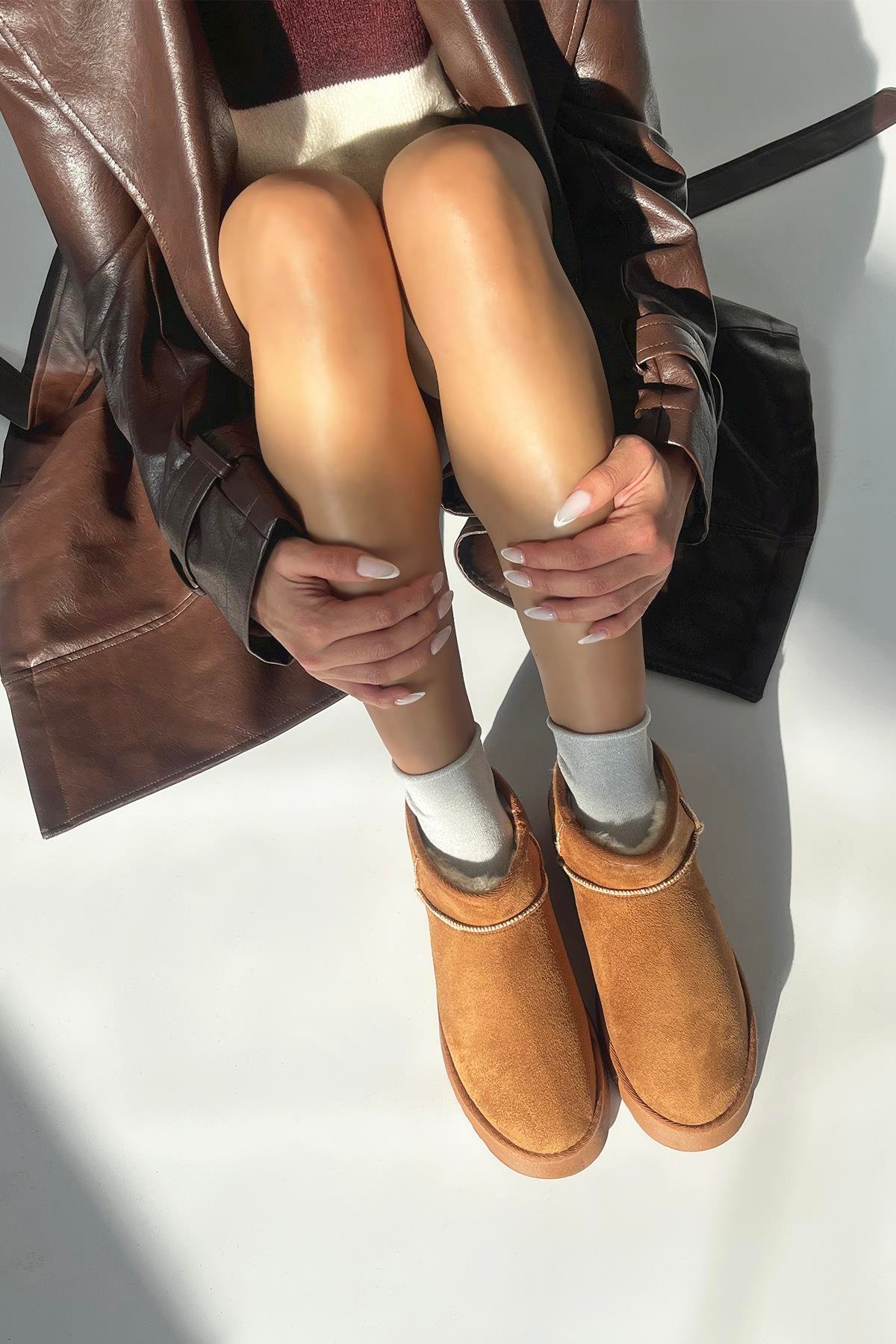 Novi Kadın İçi Tüylü Kalın Taban  Süet Yarım  Bot Taba