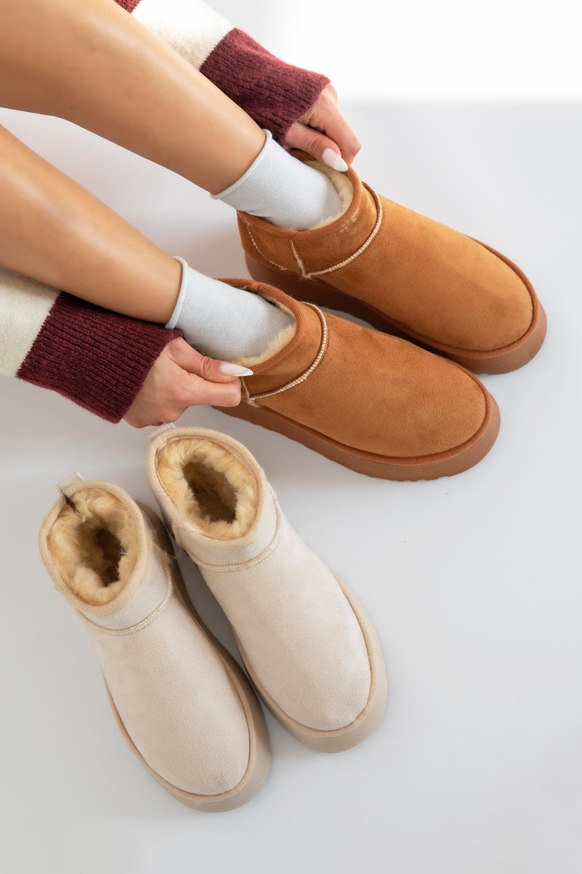 Novi Kadın İçi Tüylü Kalın Taban  Süet Yarım  Bot Bej