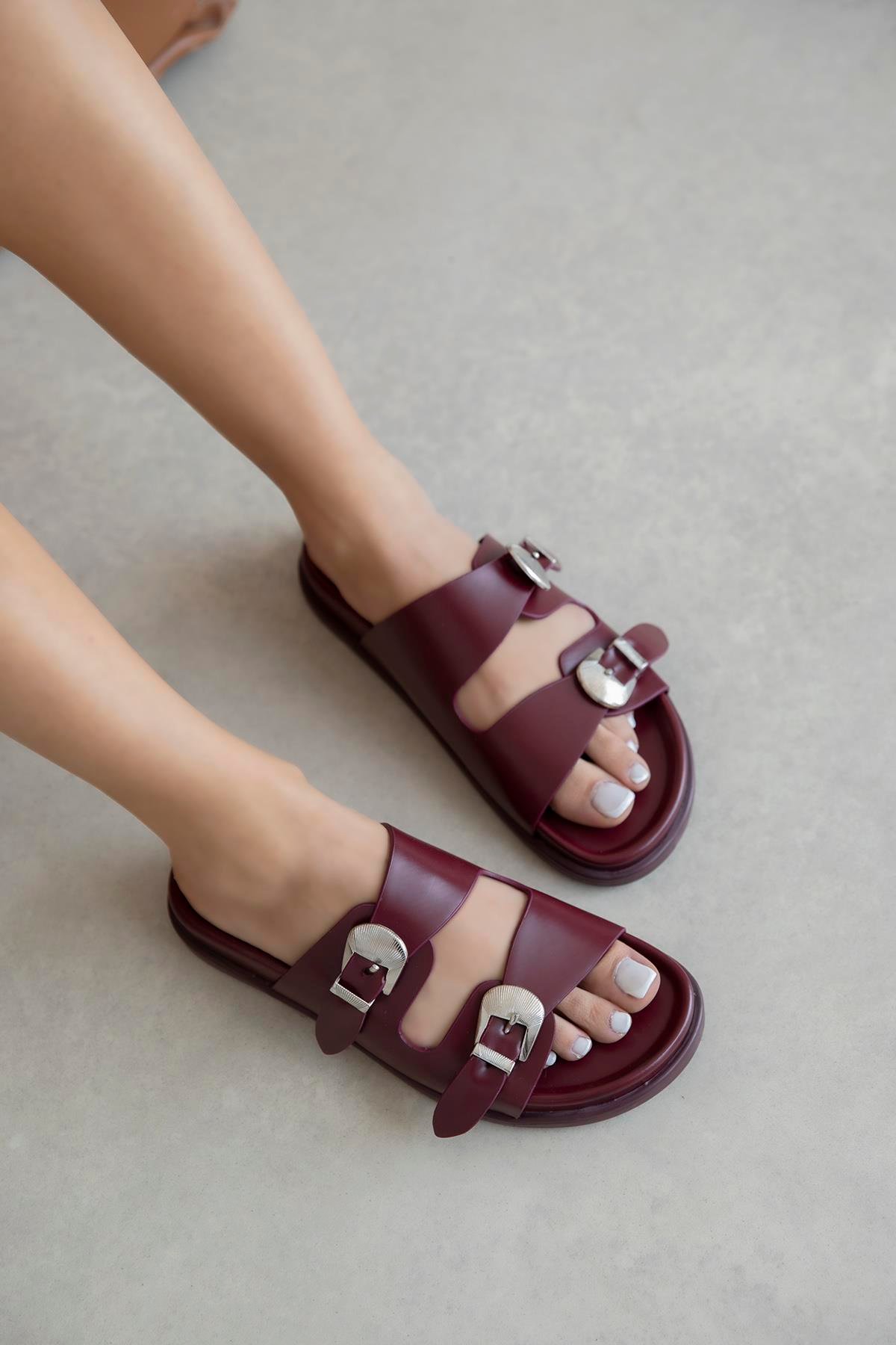 Orban Kadın Toka Detay Günlük Konfor Deri Terlik Bordo