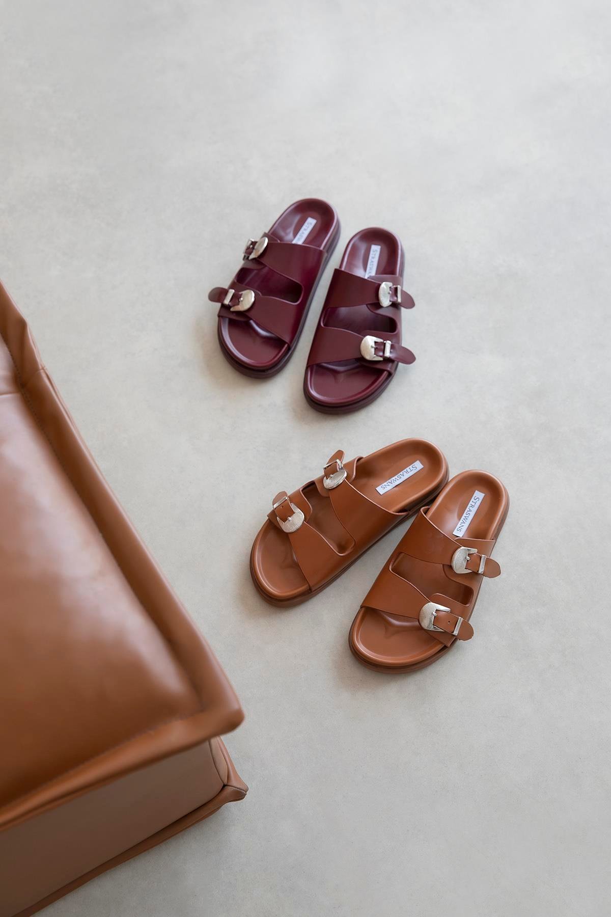 Orban Kadın Toka Detay Günlük Konfor Deri Terlik Bordo