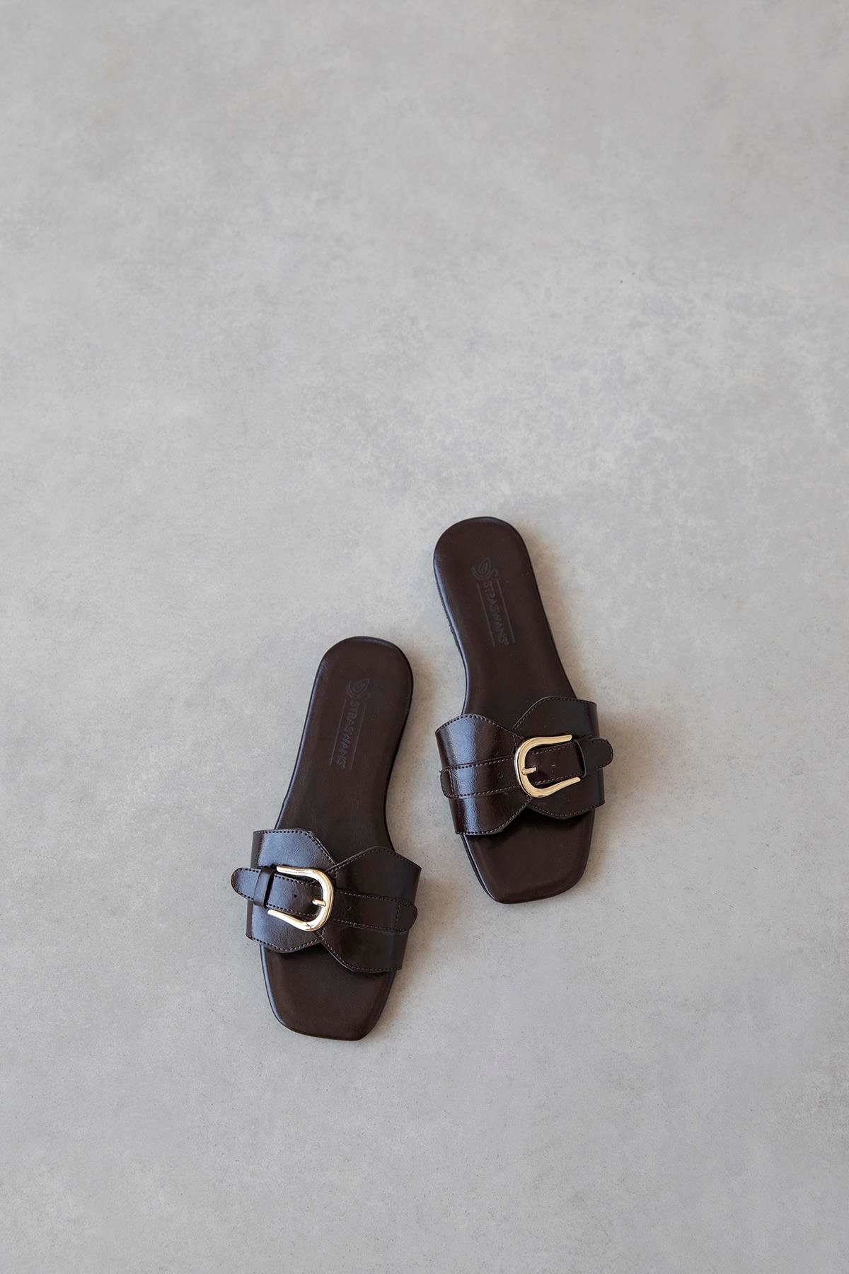 Pablo Kadın Günlük Kırışık Deri Terlik Kahve