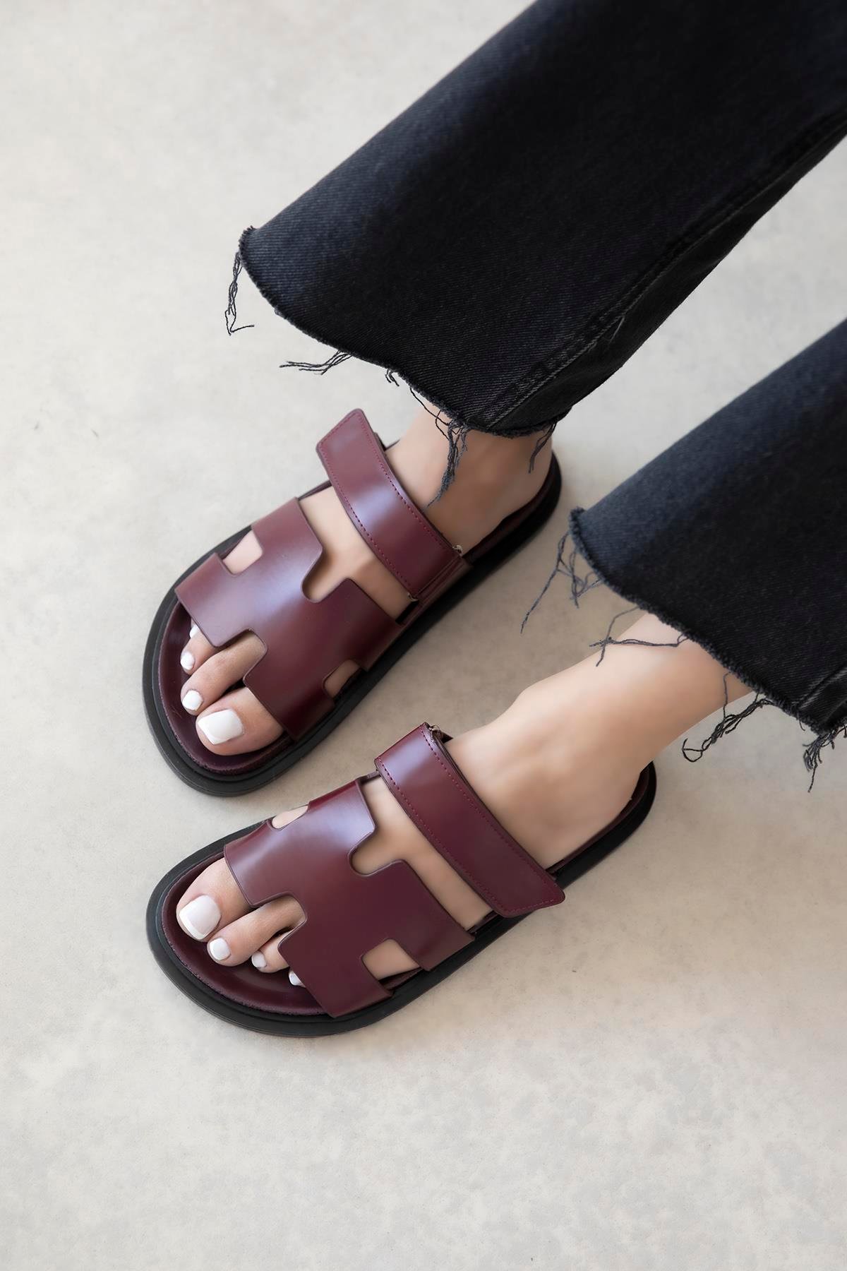 Palmeira  Kadın  Cırt  Bantlı  Deri  Terlik Bordo